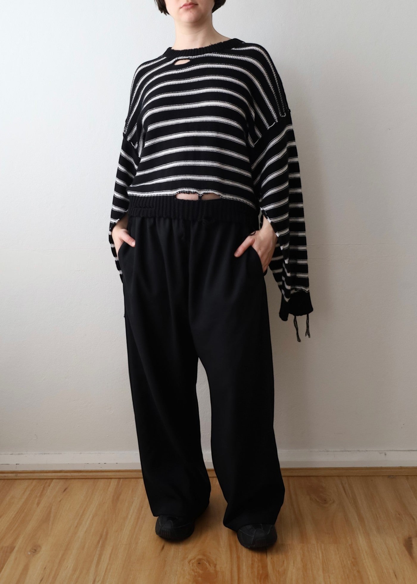 MM6 Maison Martin Margiela S/S22 Black/White Stripe Distressed Cotton/Linen Jumper