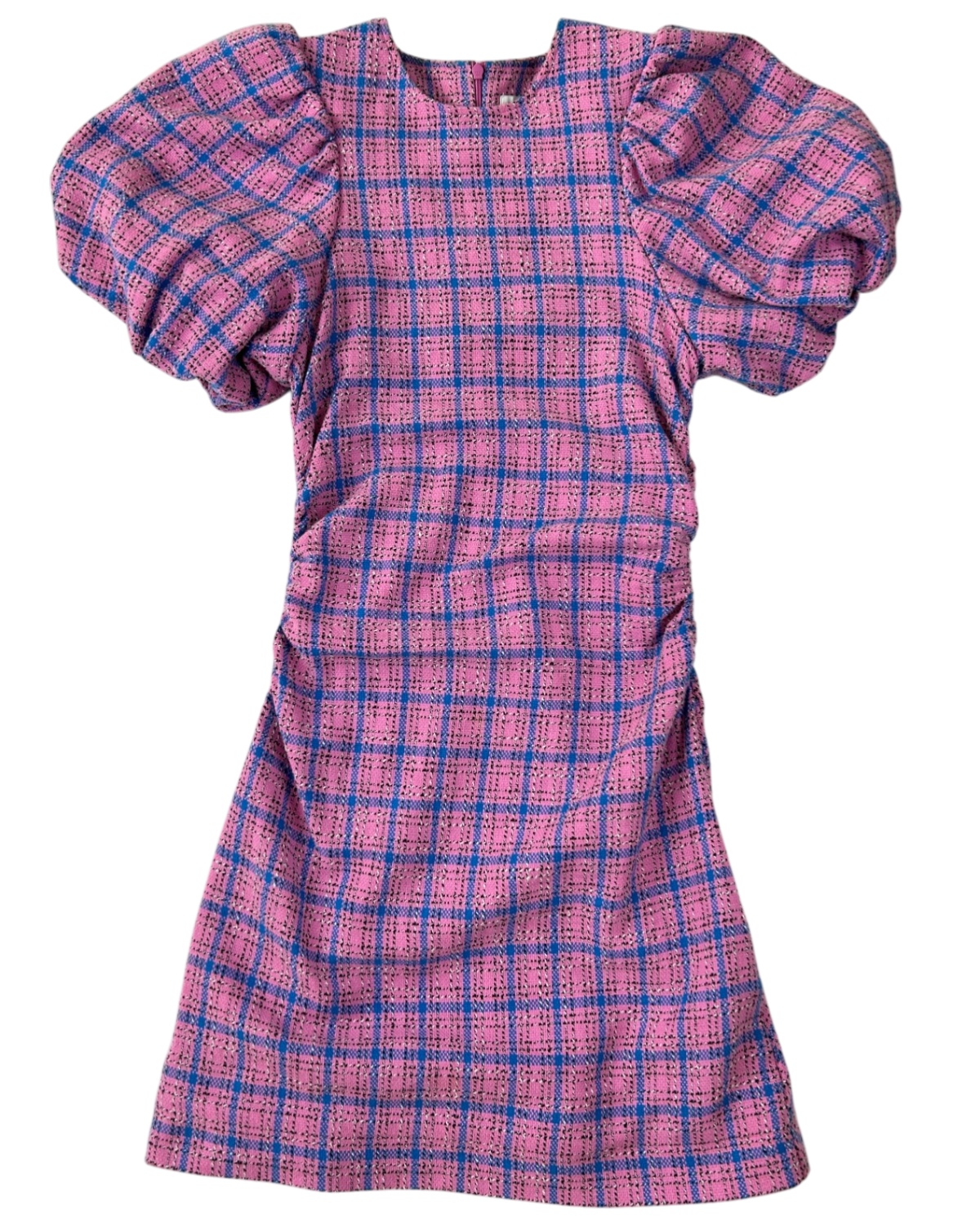 GANNI Tartan Bubble Sleeve Mini Dress