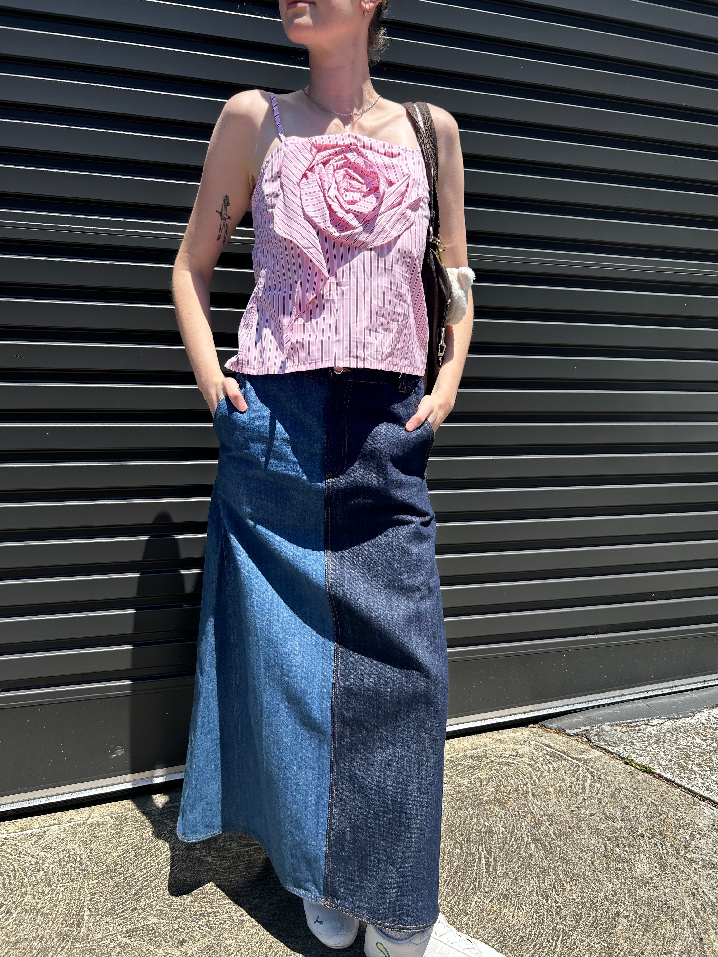 BLANCA Denim Tow Tone Maxi Skirt