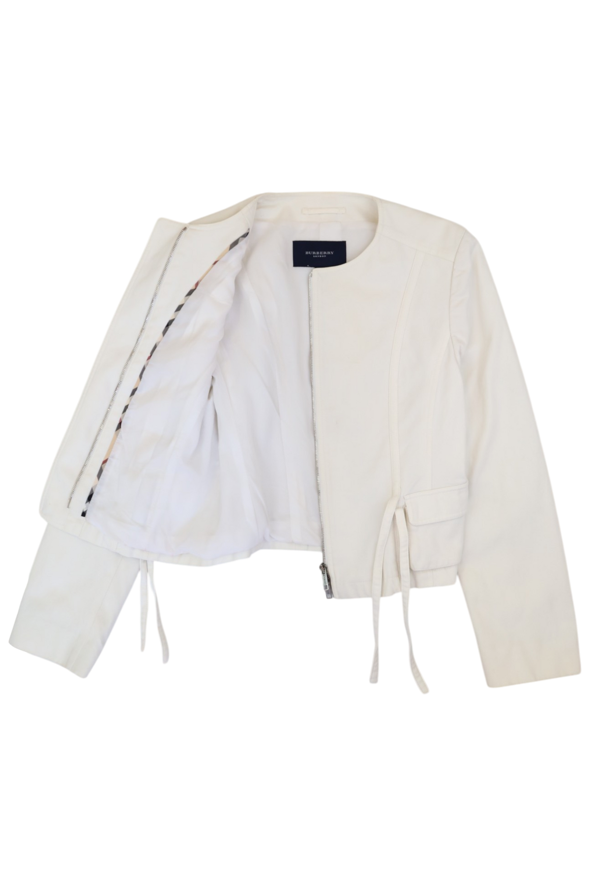 BURBERRY (AS IS) 2000s White Cotton Collarless Zip Jacket