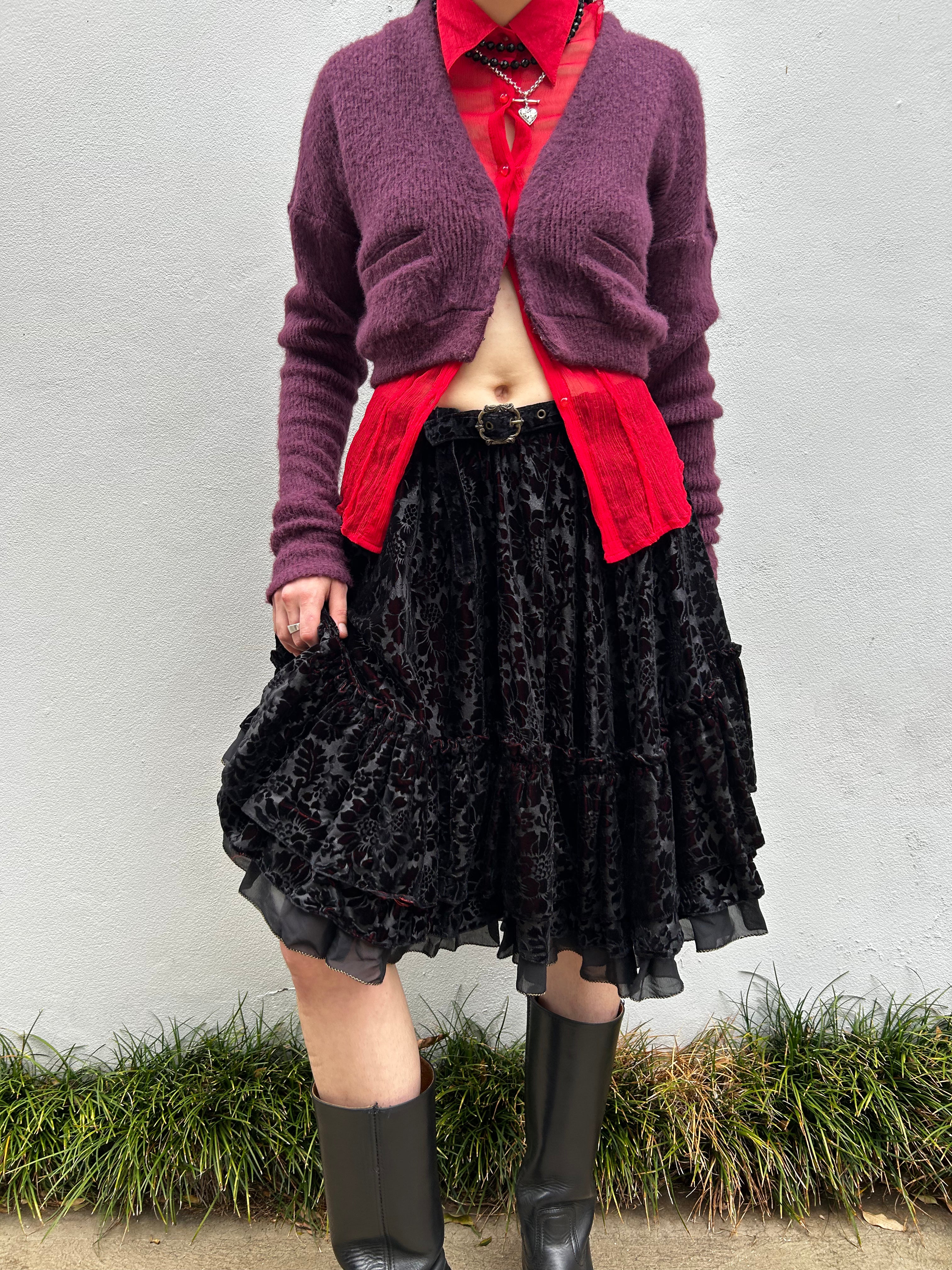 JUST CAVALLI Velvet Floral Tiered Midi Skirt