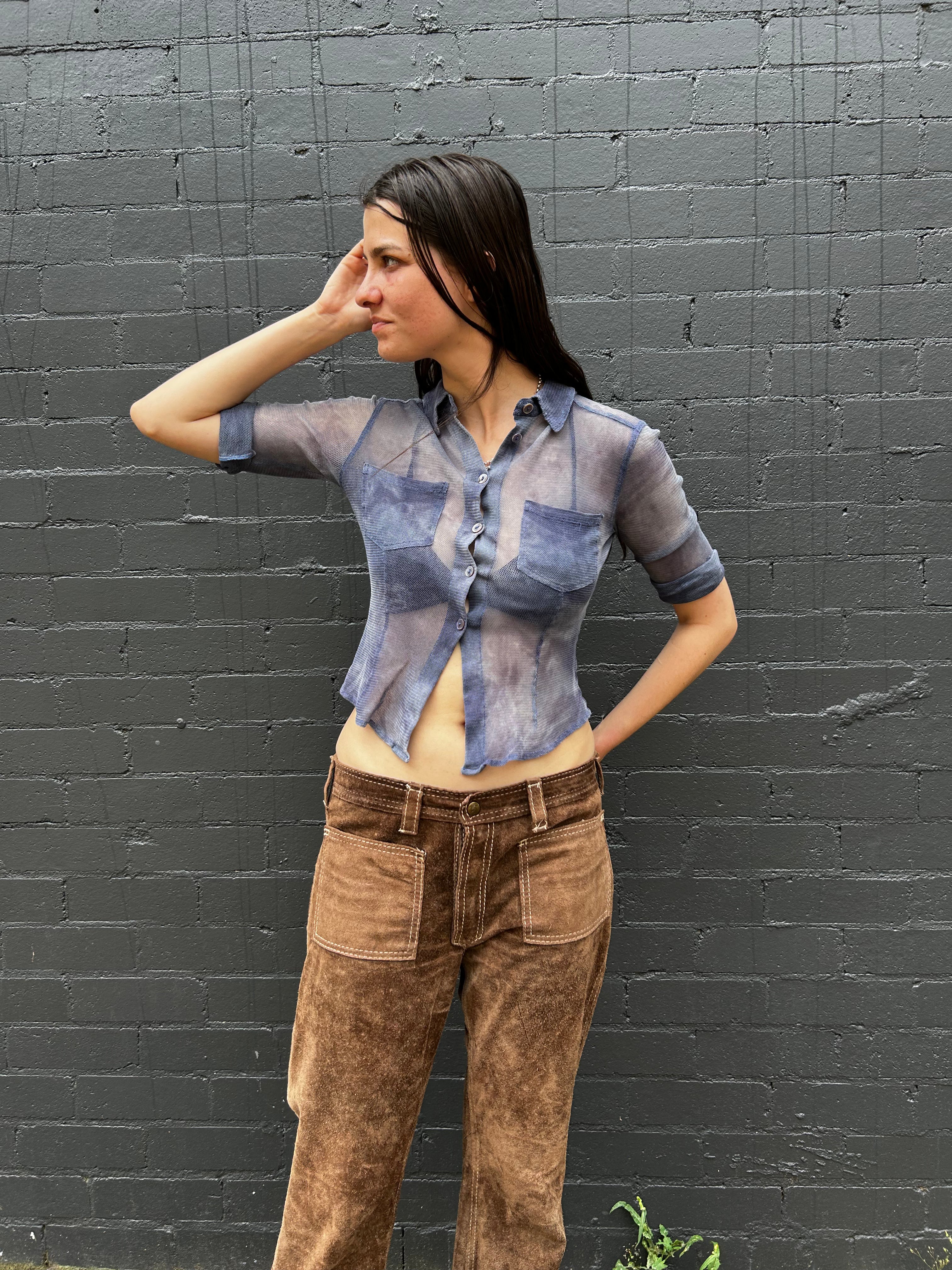 PLEIN SUD JEANS Blue Acid Wash Fishnet Button Down Shirt