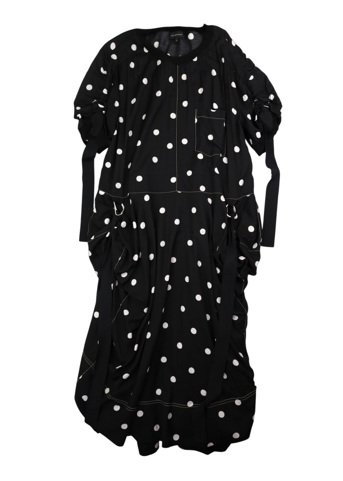 LEE MATHEWS Black/White Polka Dot Ruched Sleeve Maxi Dress