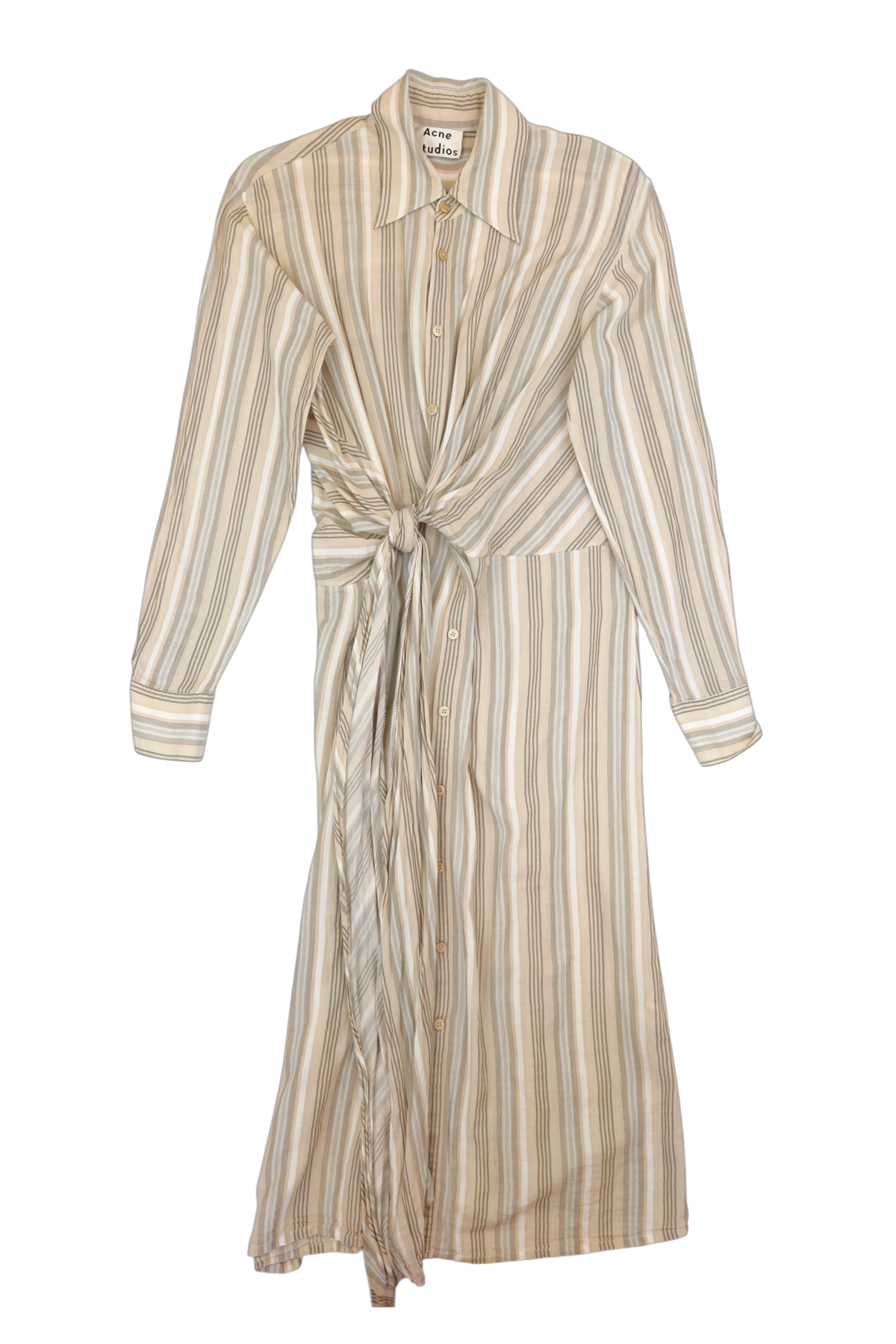 ACNE STUDIOS Beige Pinstripe Cotton Tie Waist Midi Dress