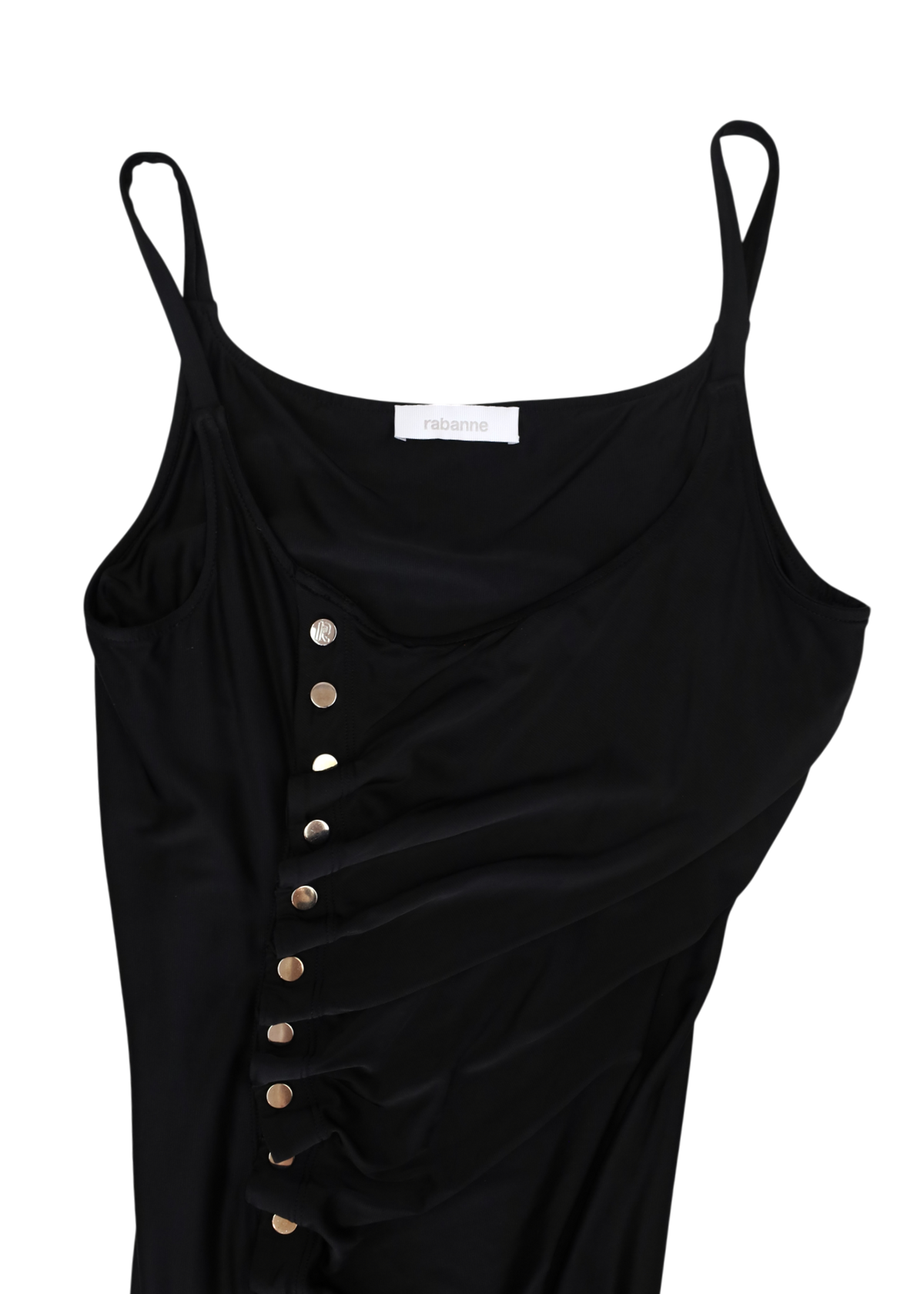 RABANNE Black Ruched Side Button Sleeveless Maxi Dress