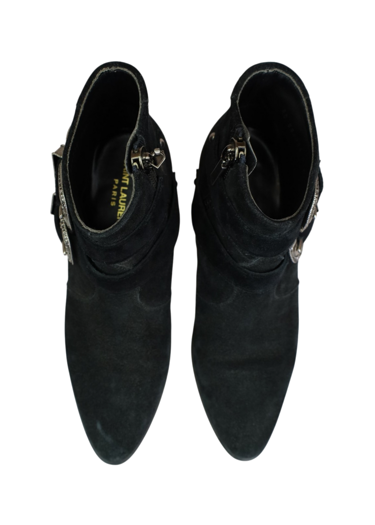 SAINT LAURENT (AS IS) Black Suede Western Buckle Ankle Boot