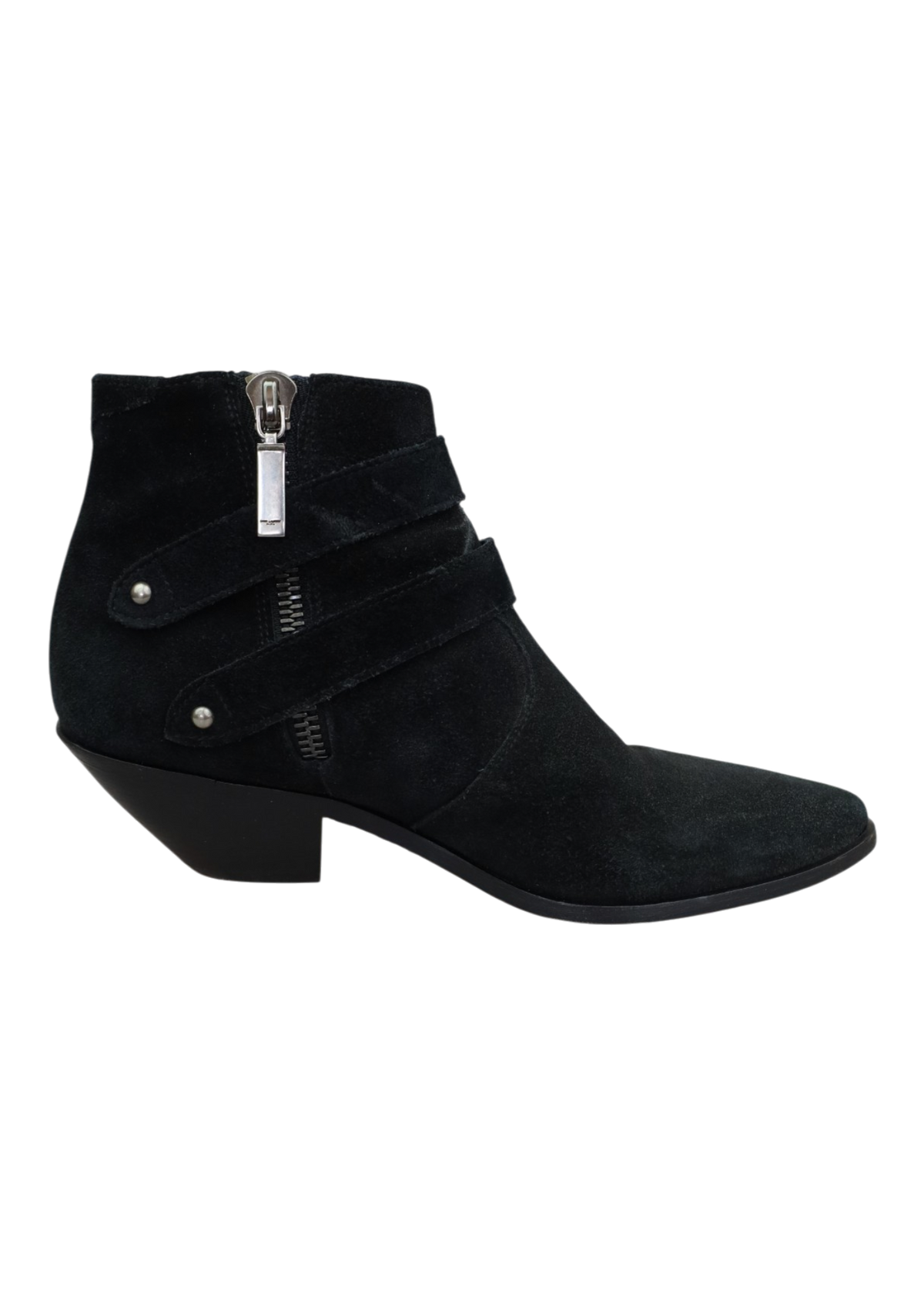 SAINT LAURENT (AS IS) Black Suede Western Buckle Ankle Boot
