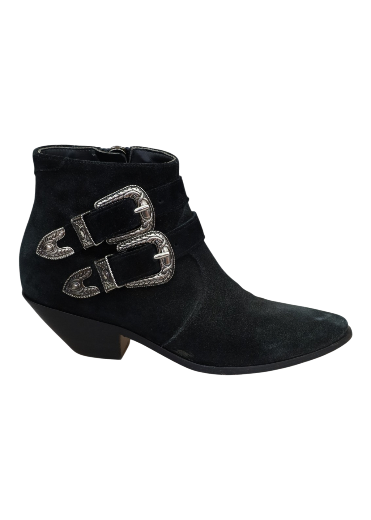SAINT LAURENT (AS IS) Black Suede Western Buckle Ankle Boot