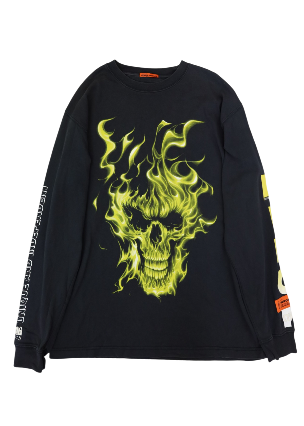 HERON PRESTON Black/Yellow Flaming Skull Print Cotton LS Tee
