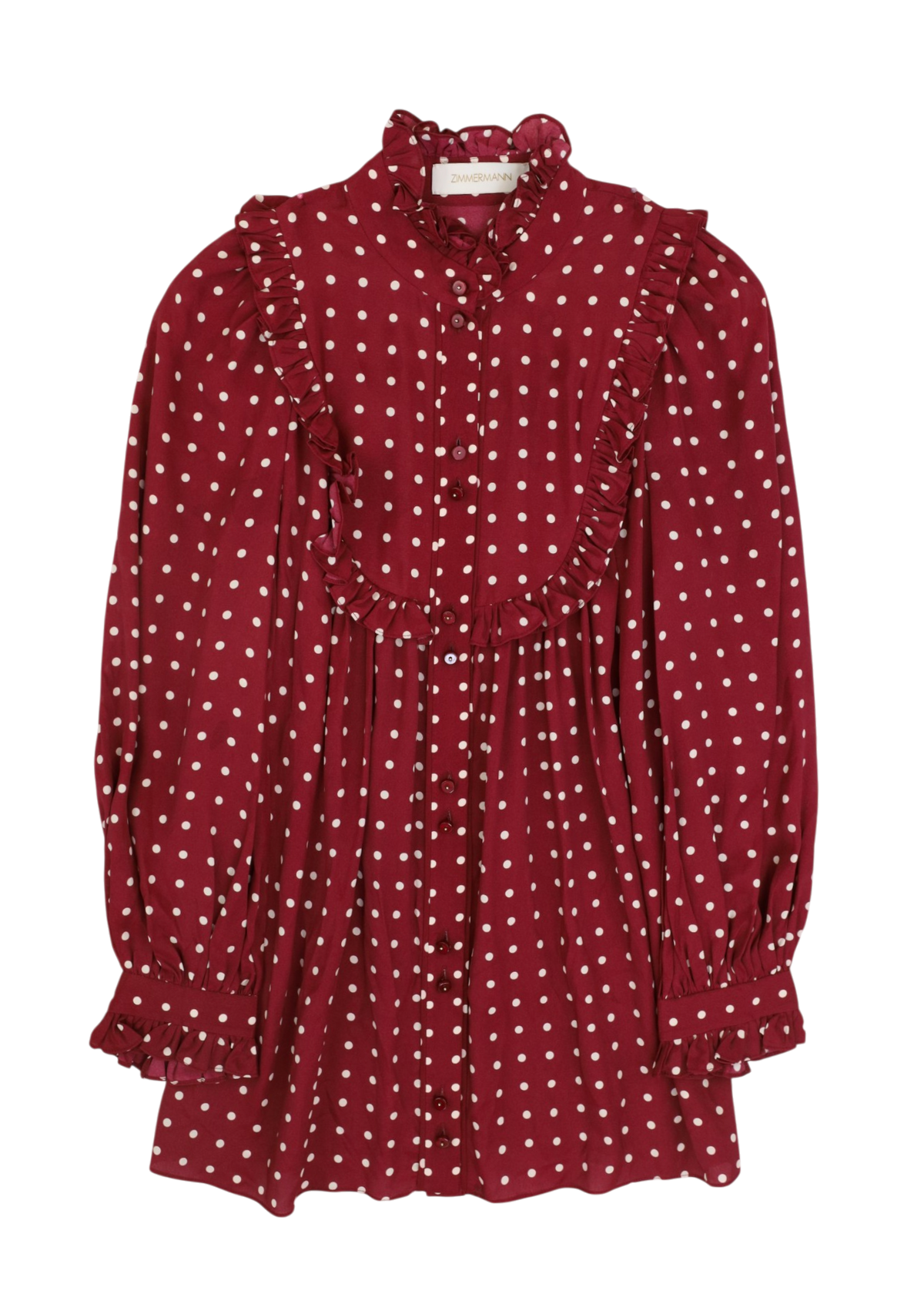 ZIMMERMANN Burgundy/White Polka Dot Silk Blend Ruffle Bib Blouse