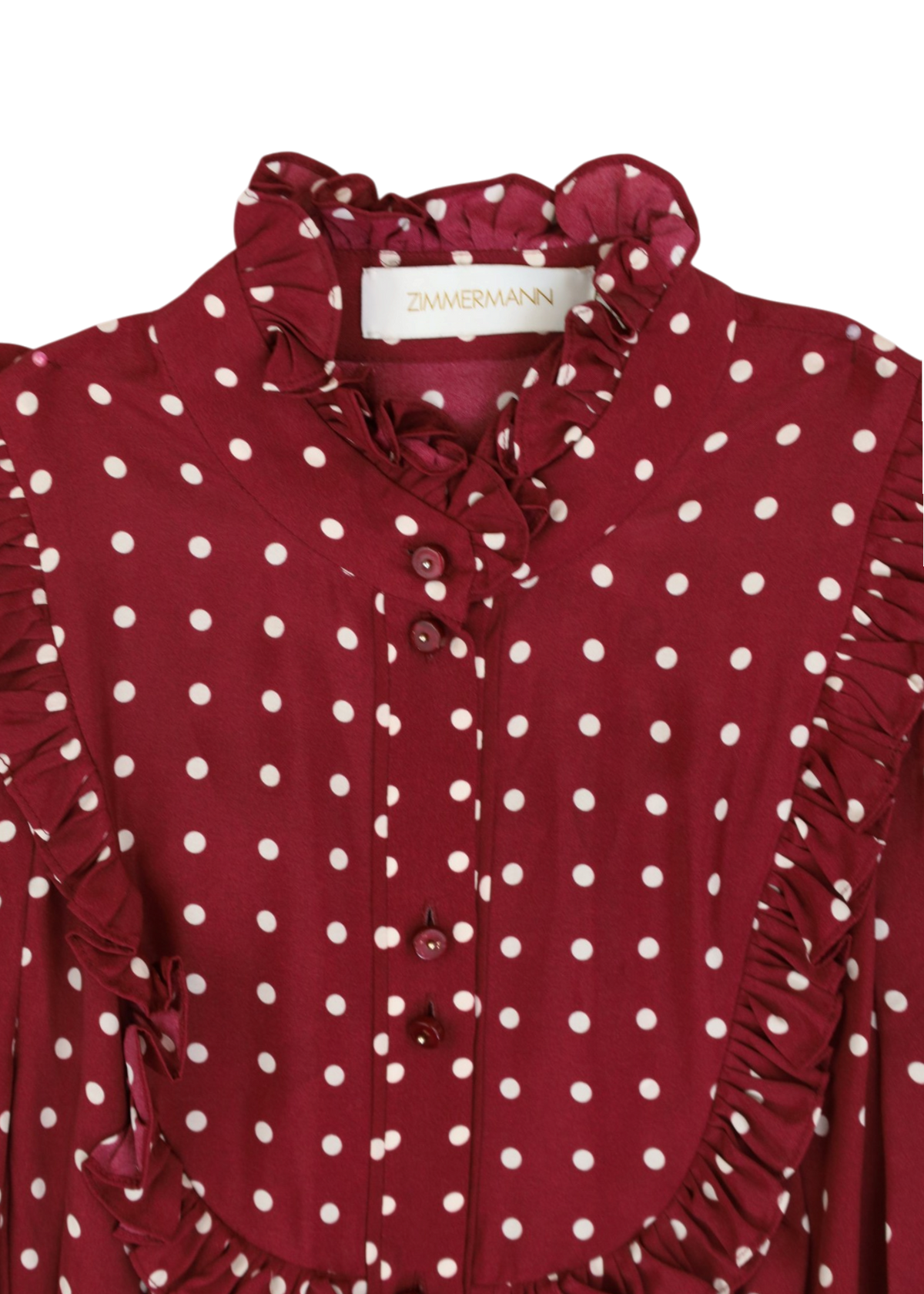 ZIMMERMANN Burgundy/White Polka Dot Silk Blend Ruffle Bib Blouse
