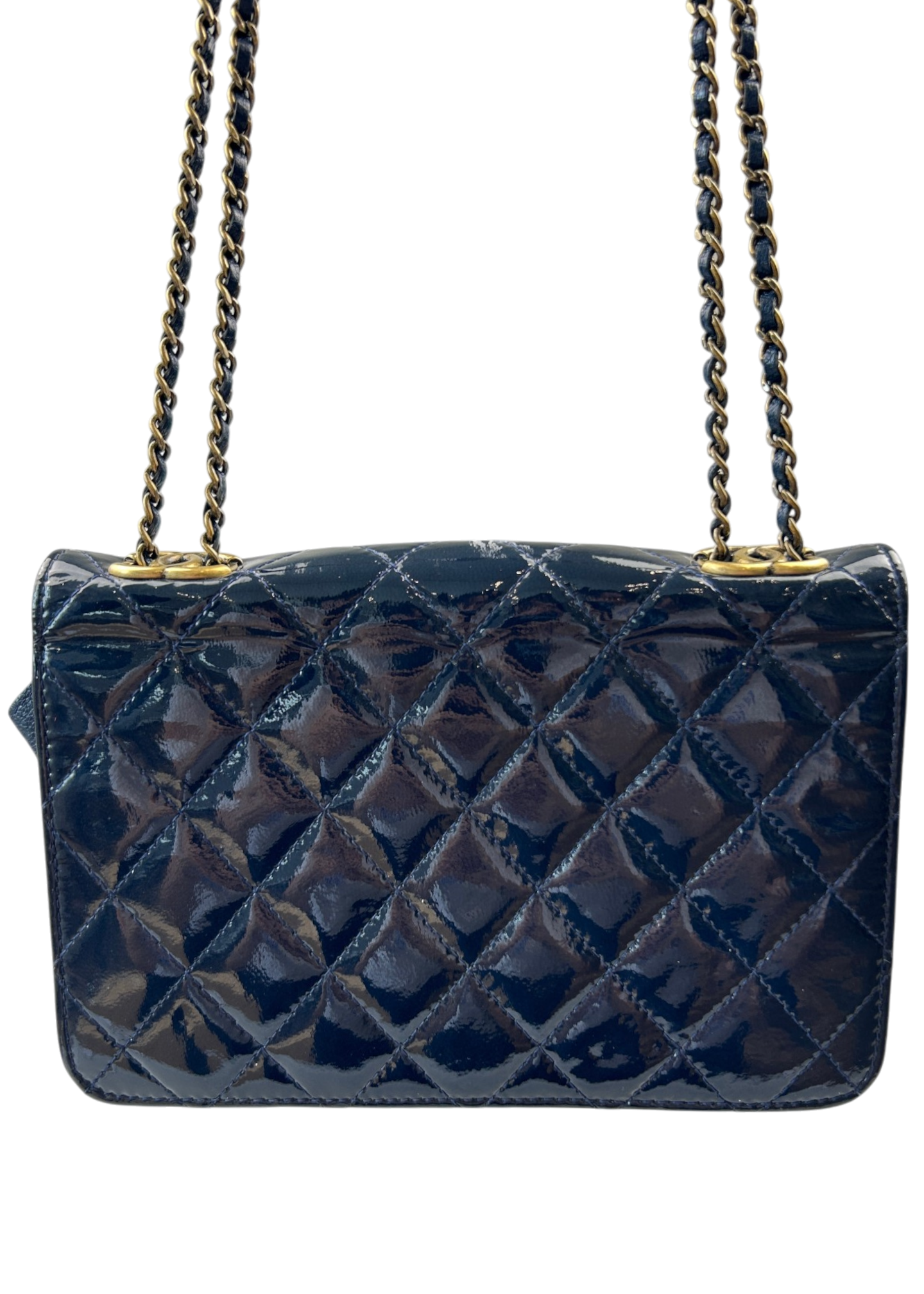 CHANEL 2015 Navy Patent Leather 'Eyelet CC Wallet on Chain' Bag