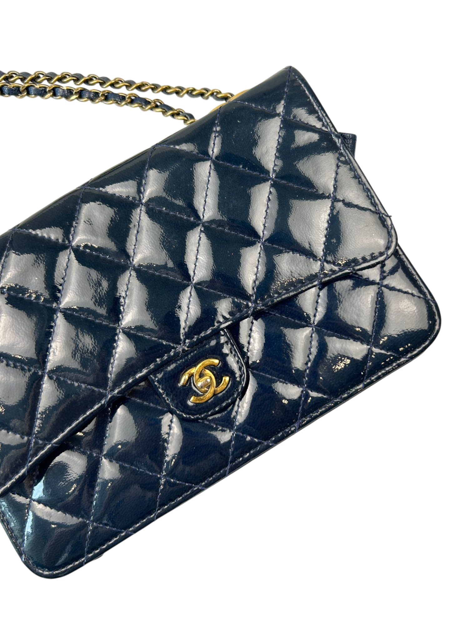 CHANEL 2015 Navy Patent Leather 'Eyelet CC Wallet on Chain' Bag