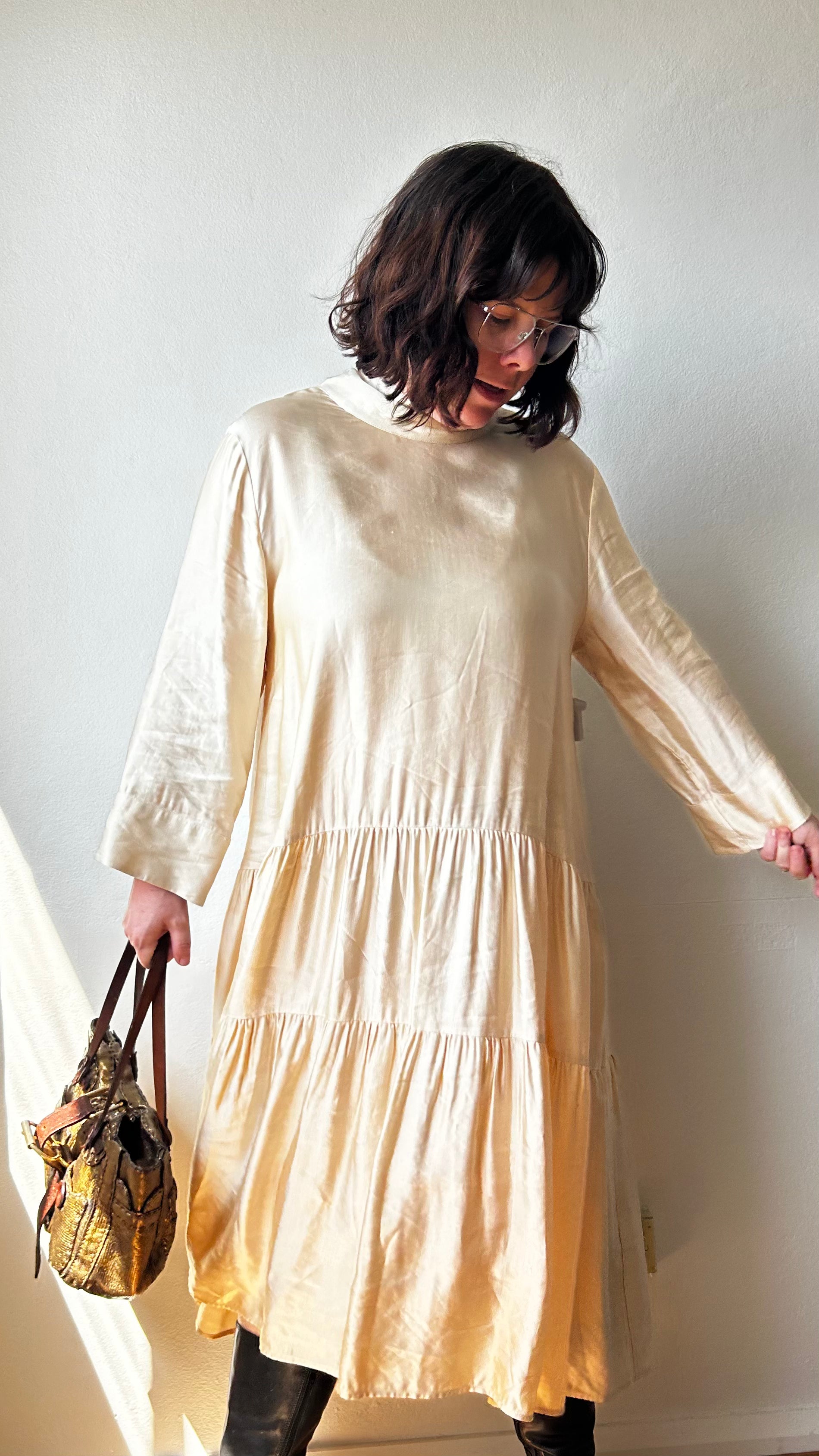 ARKET (BNWT) Champagne Tiered Long Sleeve Midi Dress