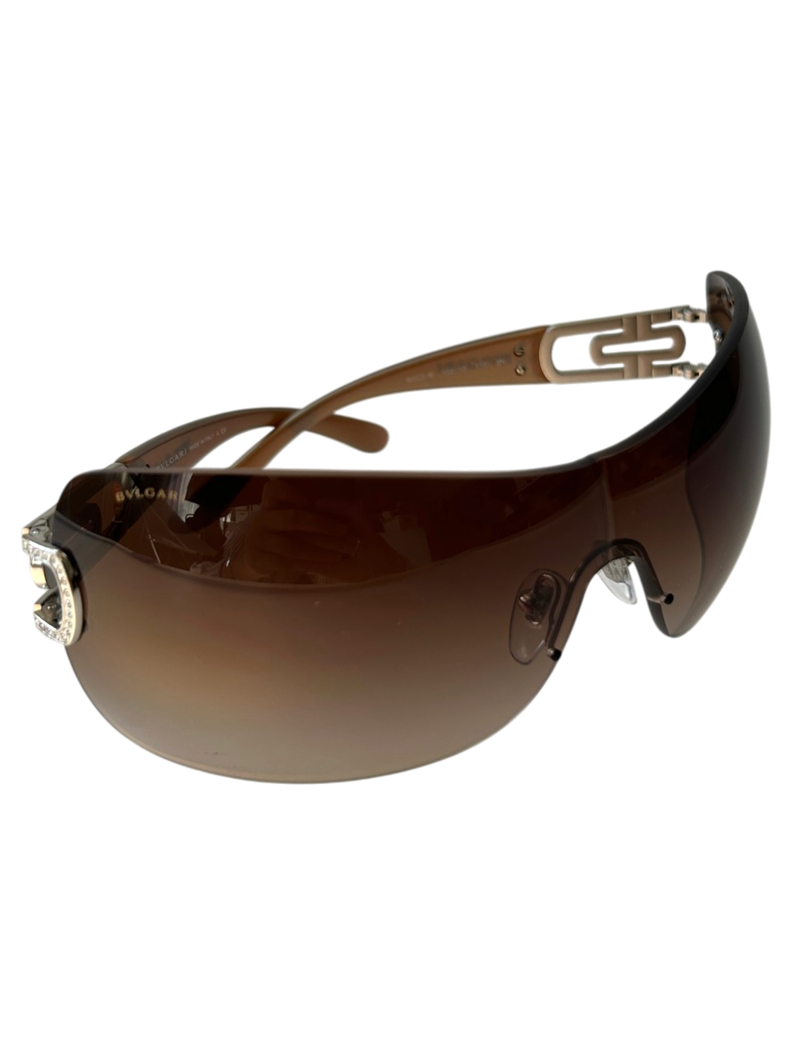BVLGARI '6023 B' Rose Gold/Brown Diamante Shield Sunglasses
