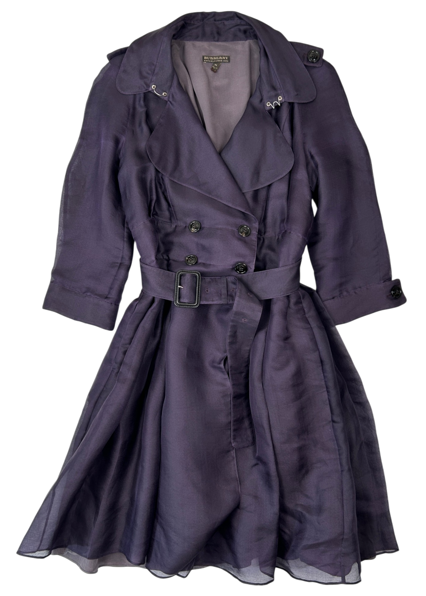 BURBERRY (AS IS) 2016 Purple Silk Organza Double Breast Coat W/ Belt