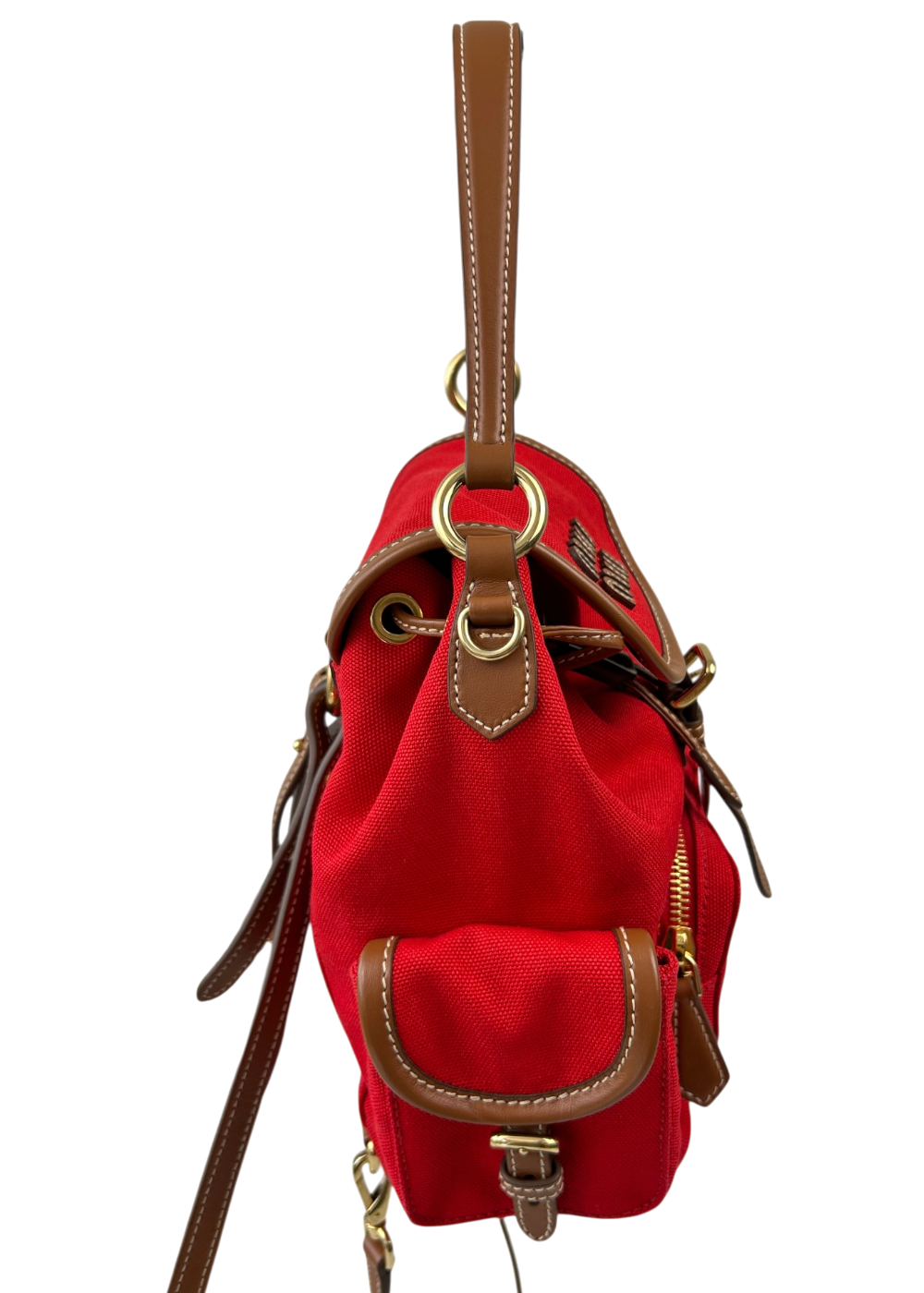 MIU MIU Red Canvas Mini Backpack W/ Brandy Leather Straps