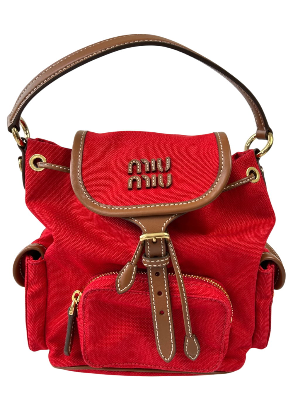 MIU MIU Red Canvas Mini Backpack W/ Brandy Leather Straps