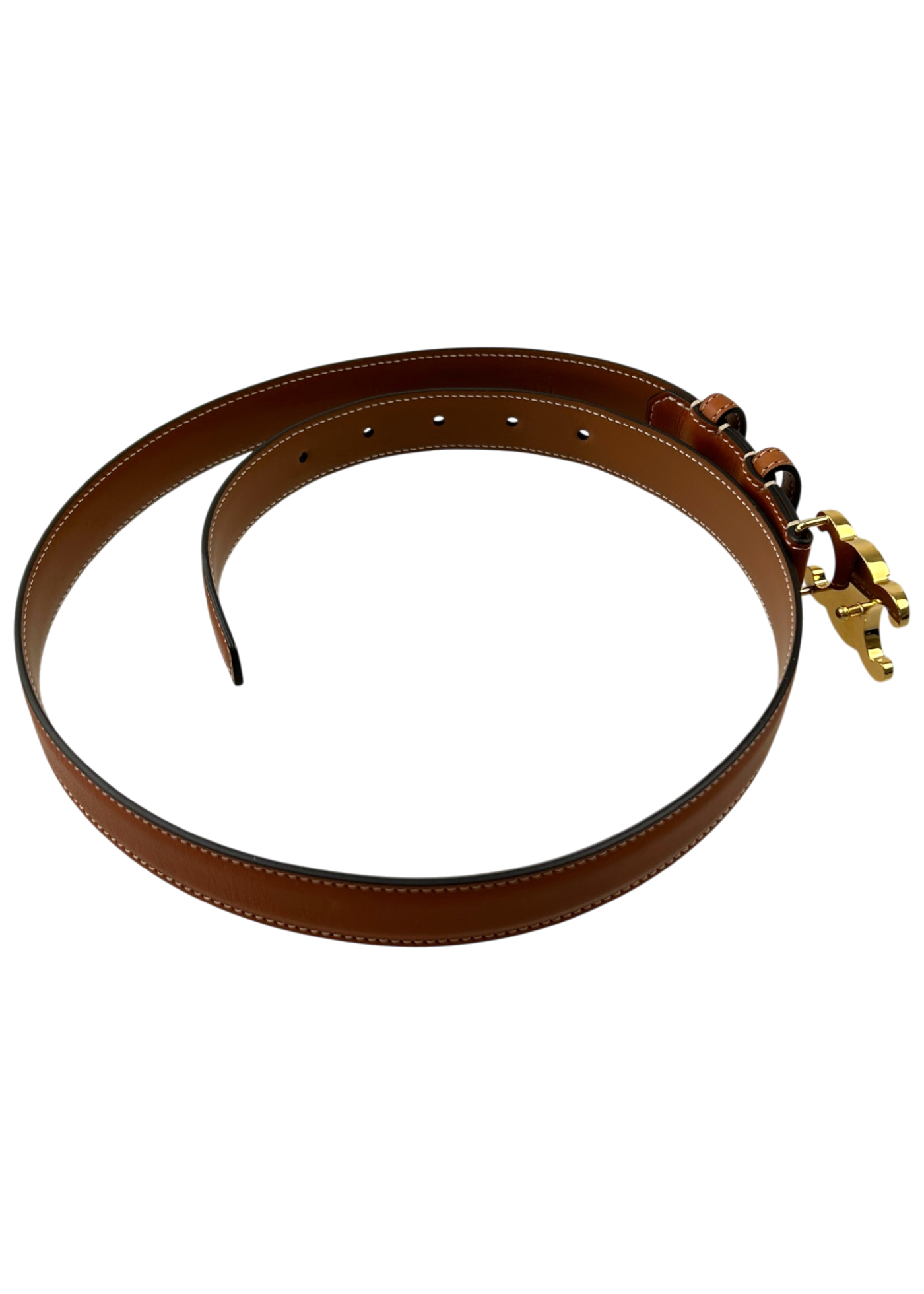 CELINE Brown Leather Belt W/ Gold Triomphe Logo Buckle
