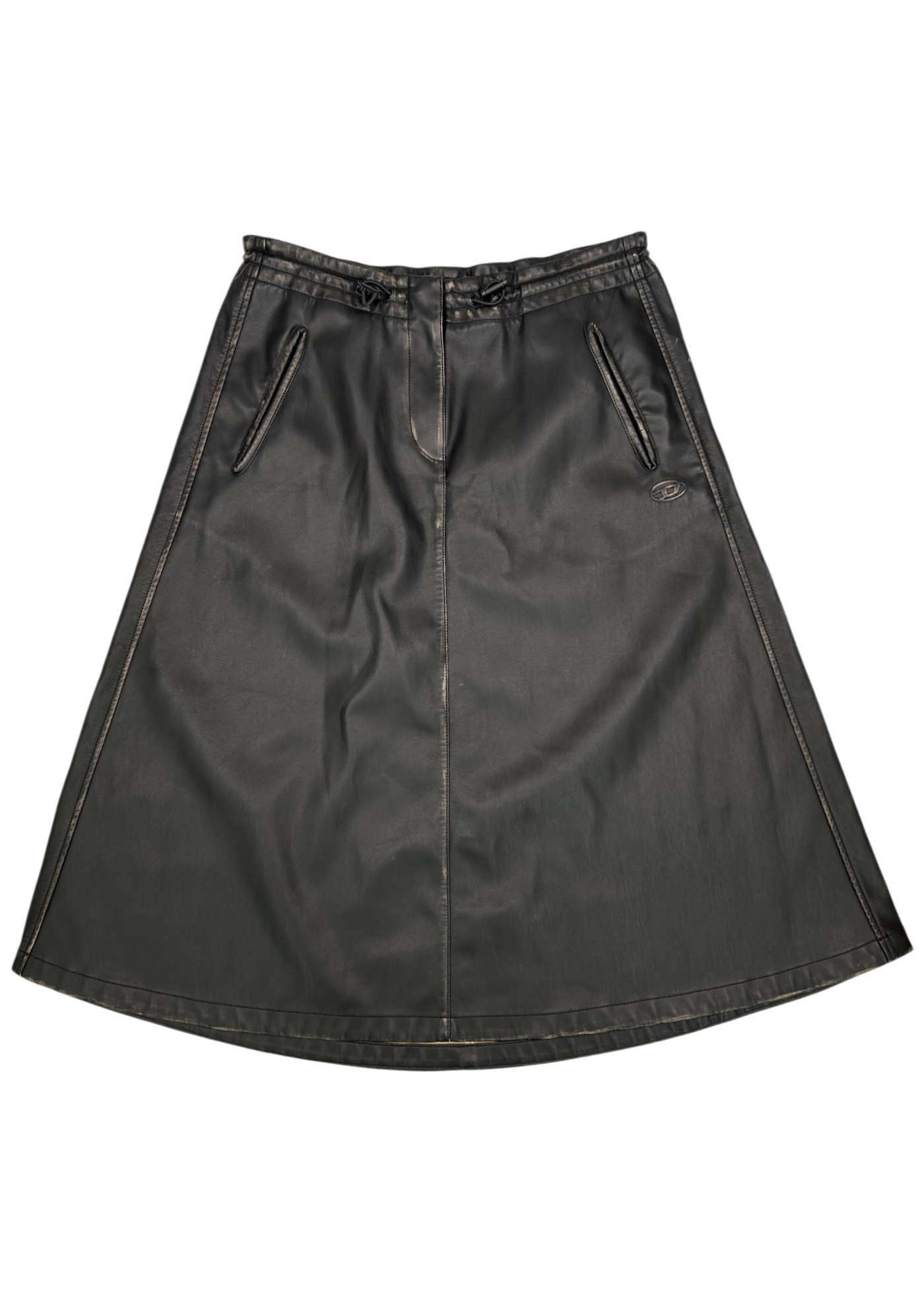 DIESEL 'O-Blivion' Black Distressed Pleather Midi Skirt