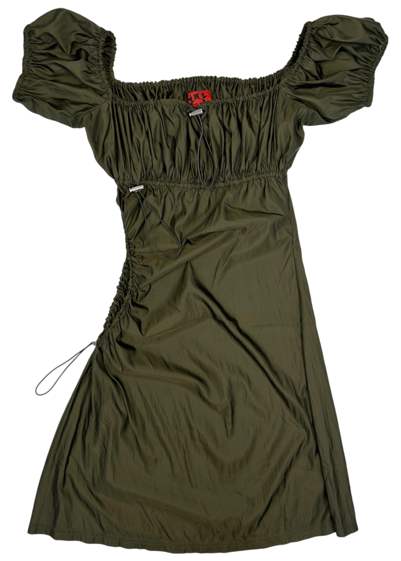 HEAVEN BY MARC JACOBS Khaki Green Nylon Gathered Off Shoulder Mini Dress W/ Cutout