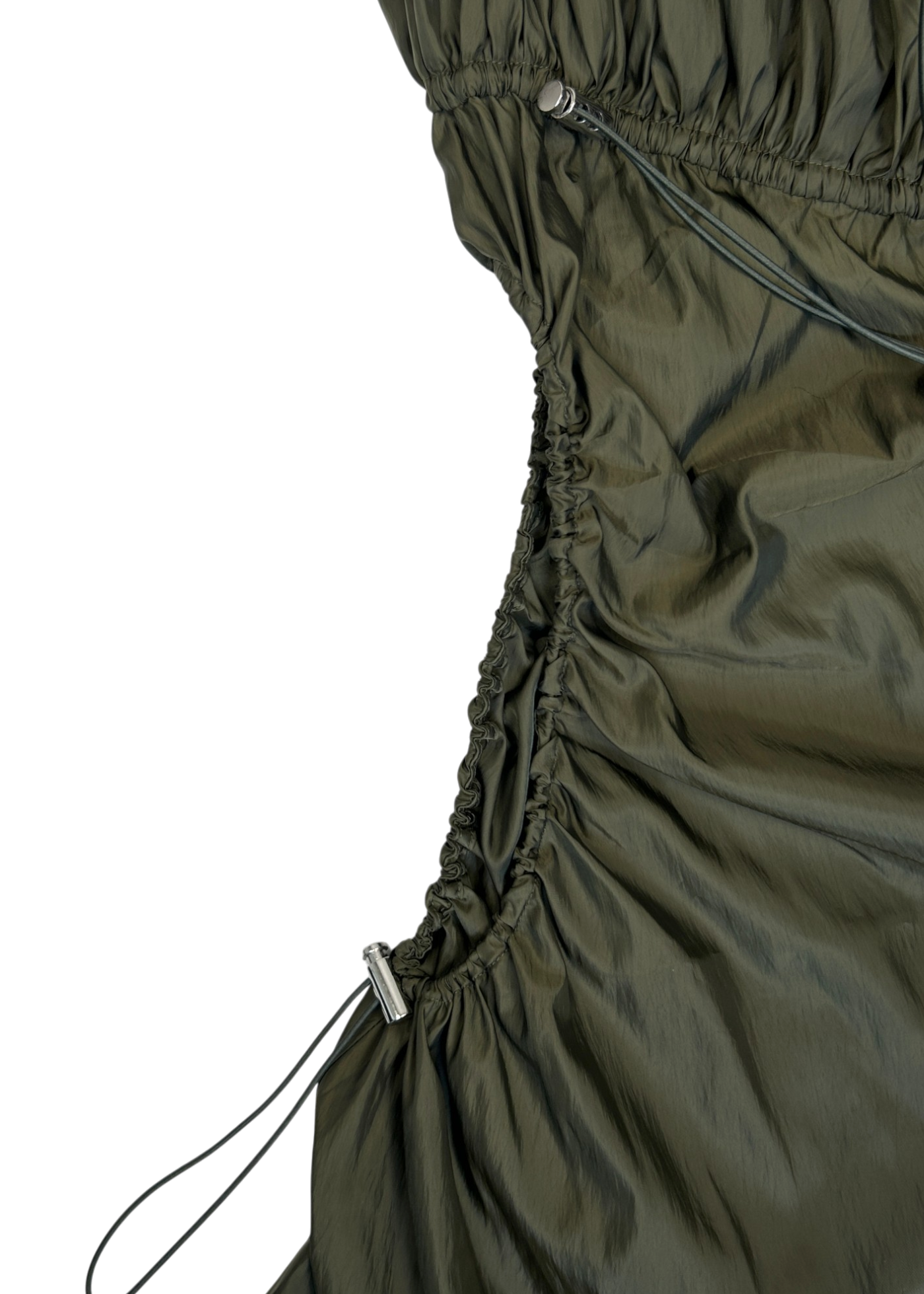 HEAVEN BY MARC JACOBS Khaki Green Nylon Gathered Off Shoulder Mini Dress W/ Cutout