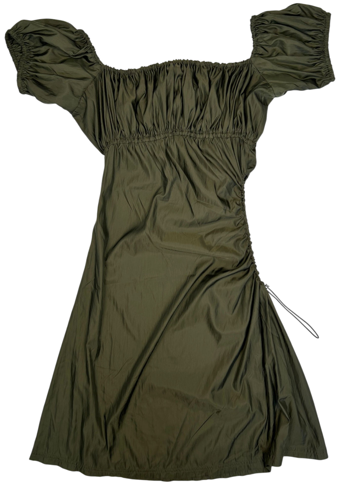 HEAVEN BY MARC JACOBS Khaki Green Nylon Gathered Off Shoulder Mini Dress W/ Cutout