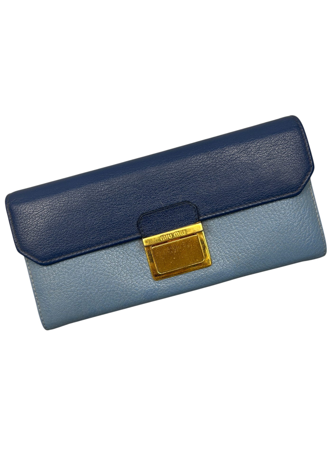 MIU MIU Blue/Gold Two Tone Leather Long Wallet W/ ID Chain