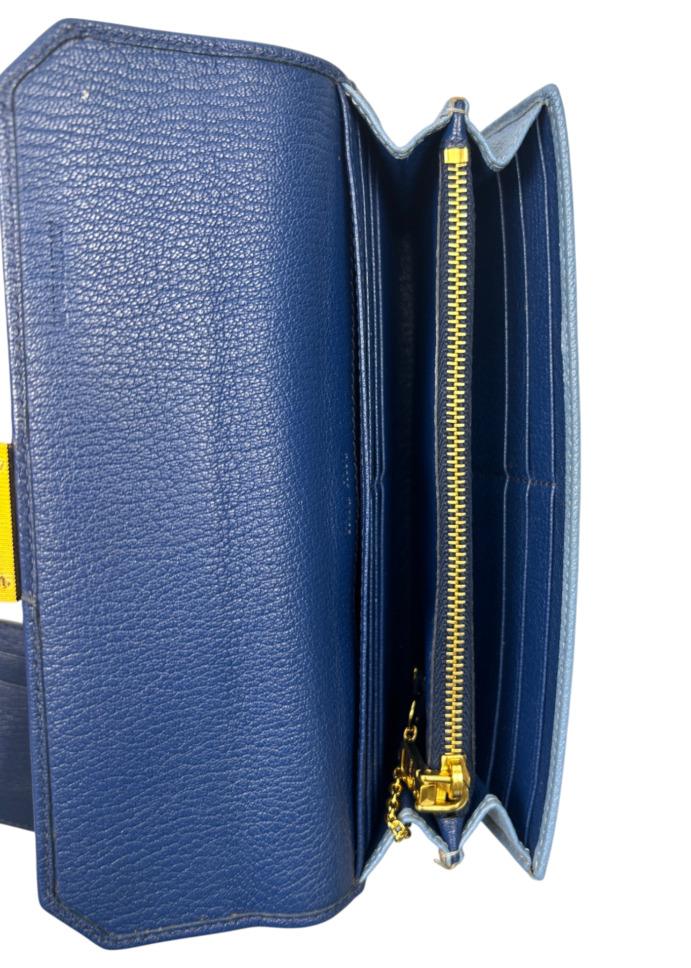 MIU MIU Blue/Gold Two Tone Leather Long Wallet W/ ID Chain