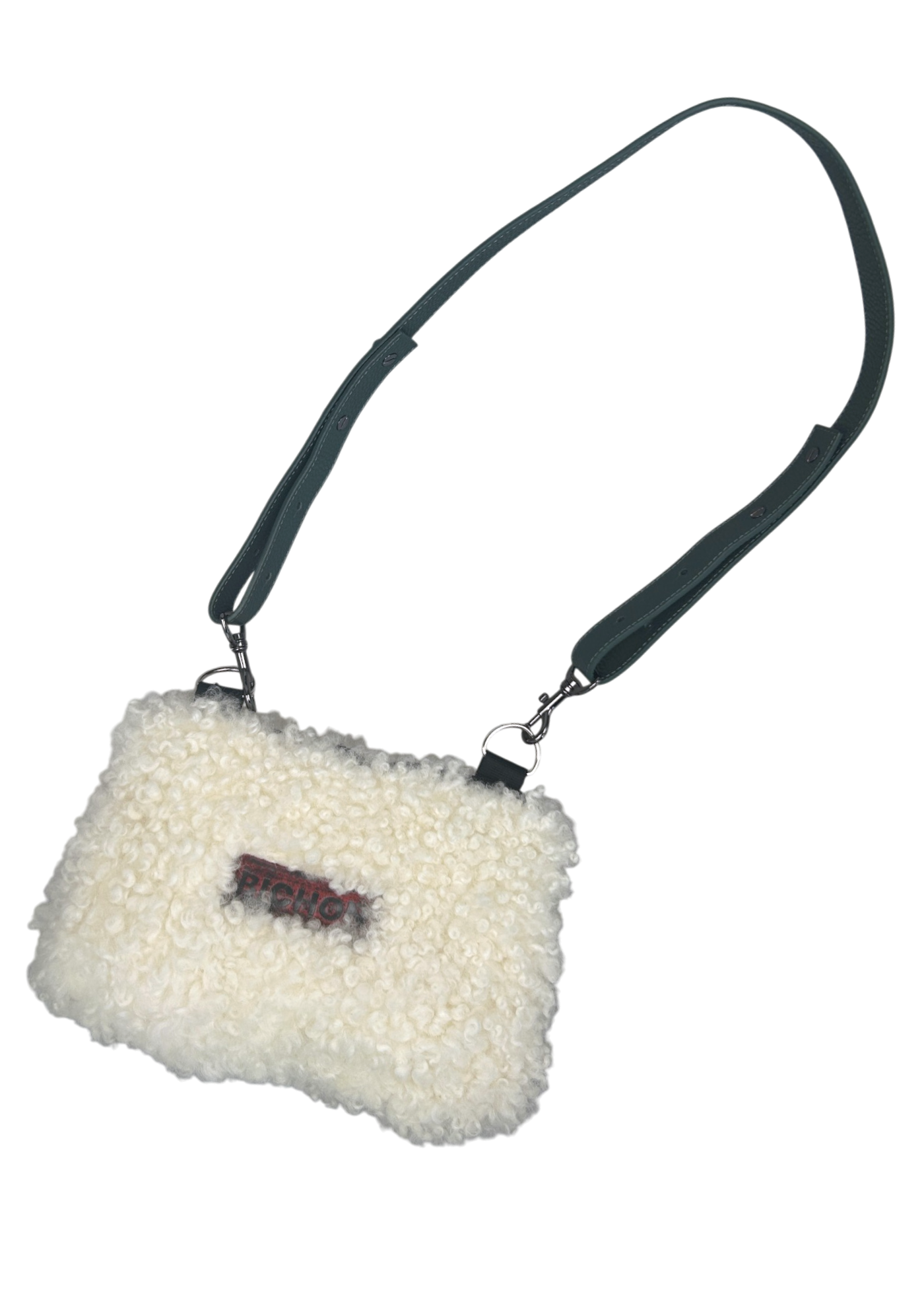 BICHON POCKETS White Shearling Bag W/ Green Leather Strap