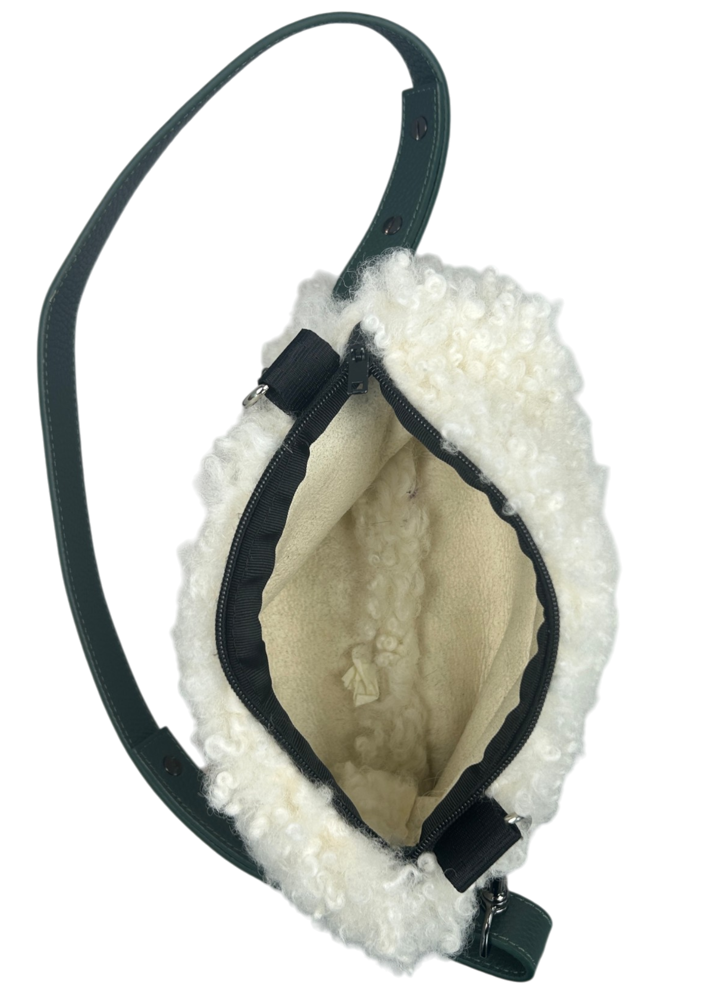 BICHON POCKETS White Shearling Bag W/ Green Leather Strap