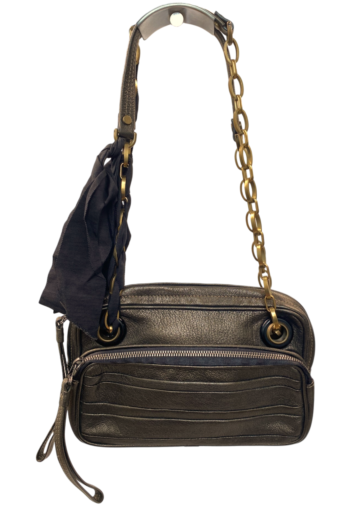 LANVIN Gunmetal Brown Leather Bag W/ Chain Strap