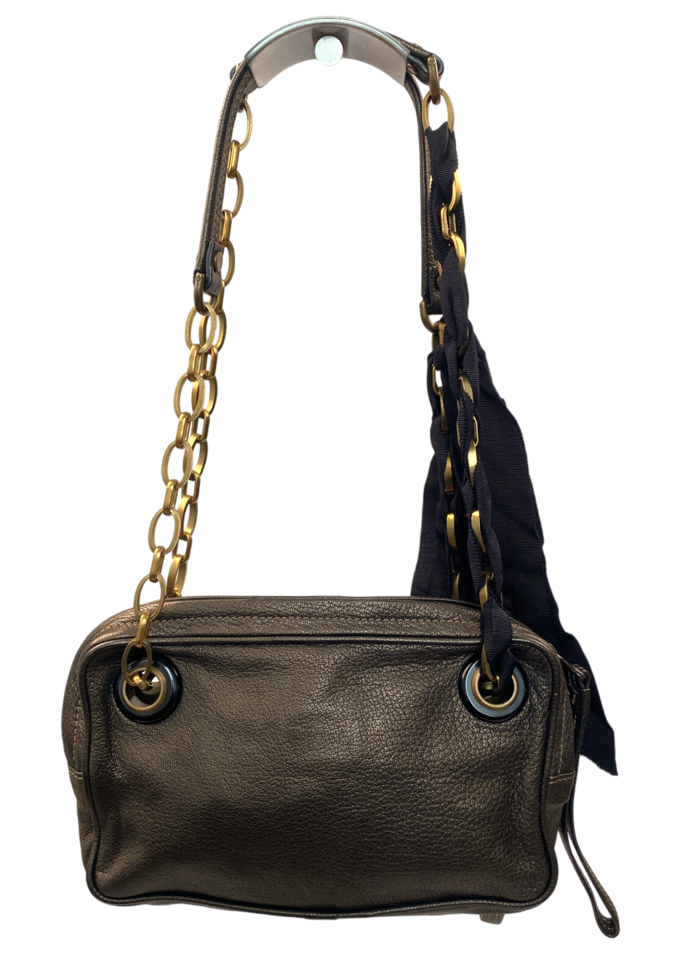 LANVIN Gunmetal Brown Leather Bag W/ Chain Strap