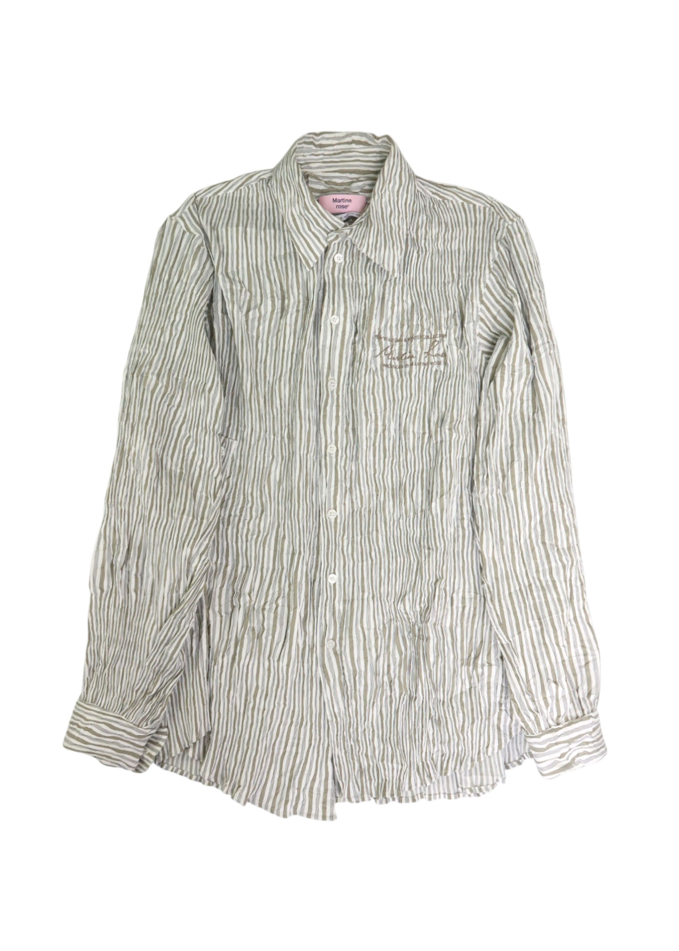 MARTINE ROSE (AS IS) Sage Green/White Stripe Smocked Crinkle Shirt