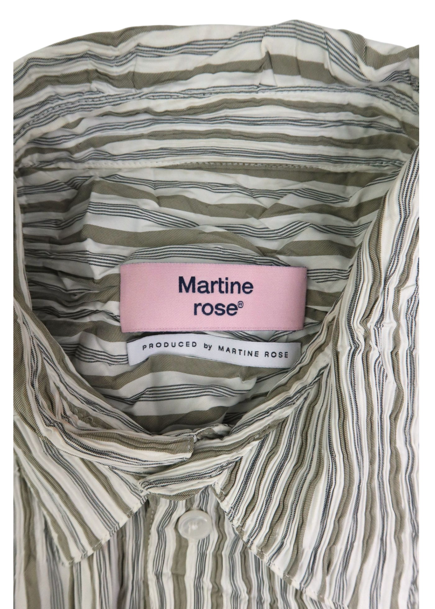 MARTINE ROSE (AS IS) Sage Green/White Stripe Smocked Crinkle Shirt