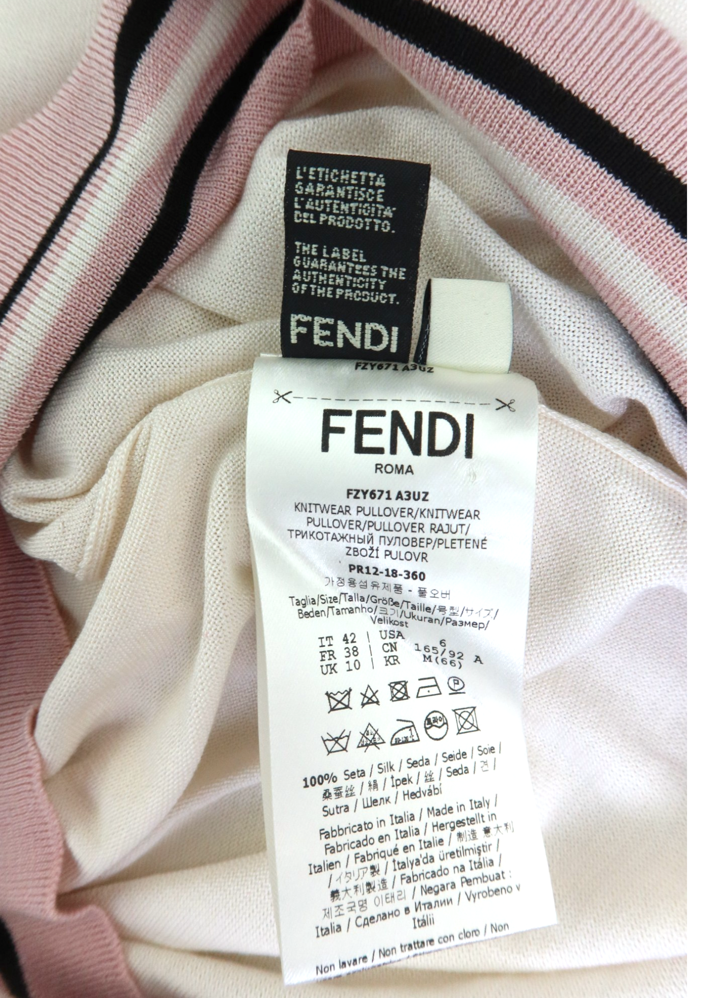 FENDI (AS IS) Cream/Baby Pink Silk Logo Knit Top