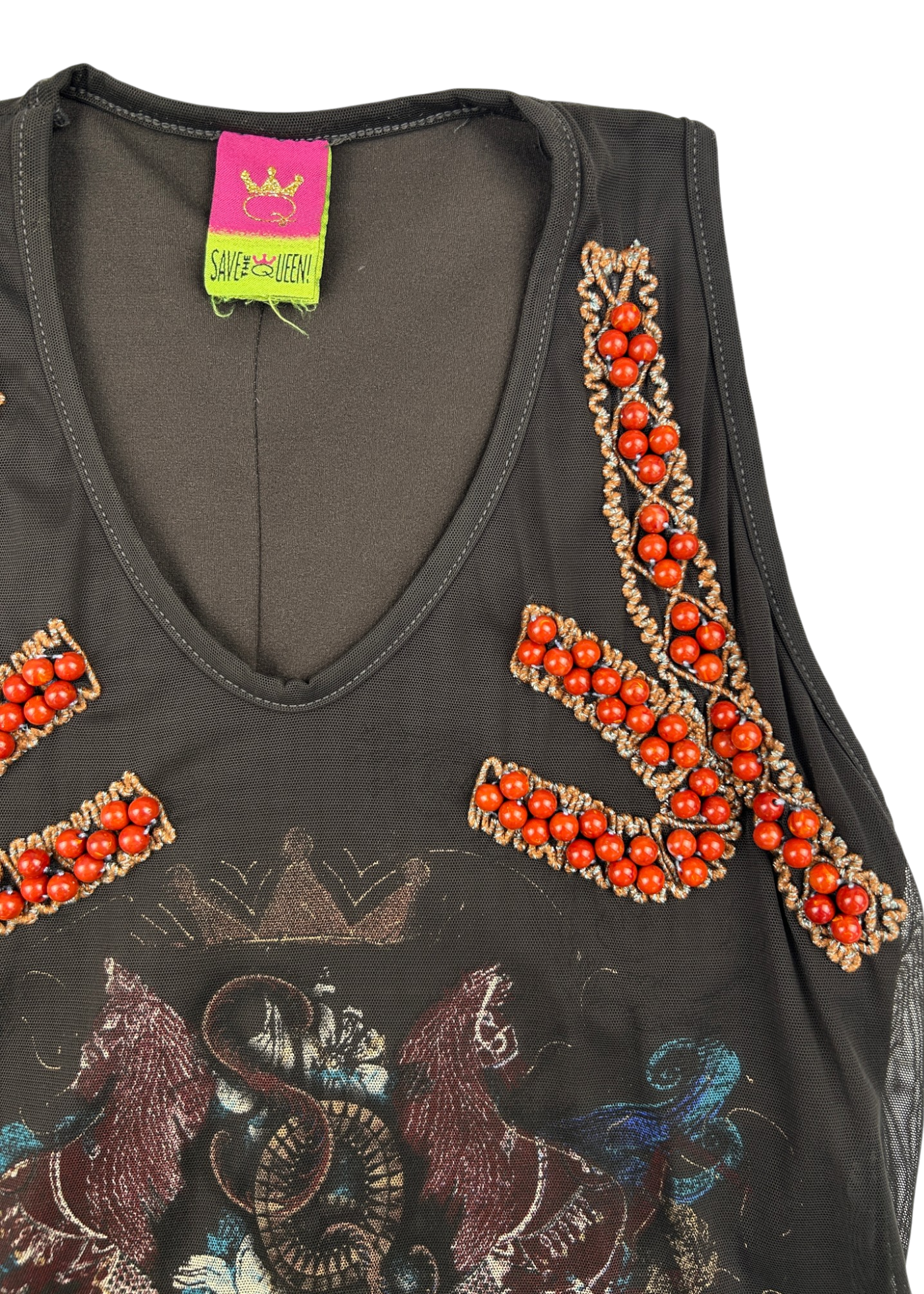 SAVE THE QUEEN Vintage Grey Printed/Beaded Mesh Double Layer Singlet