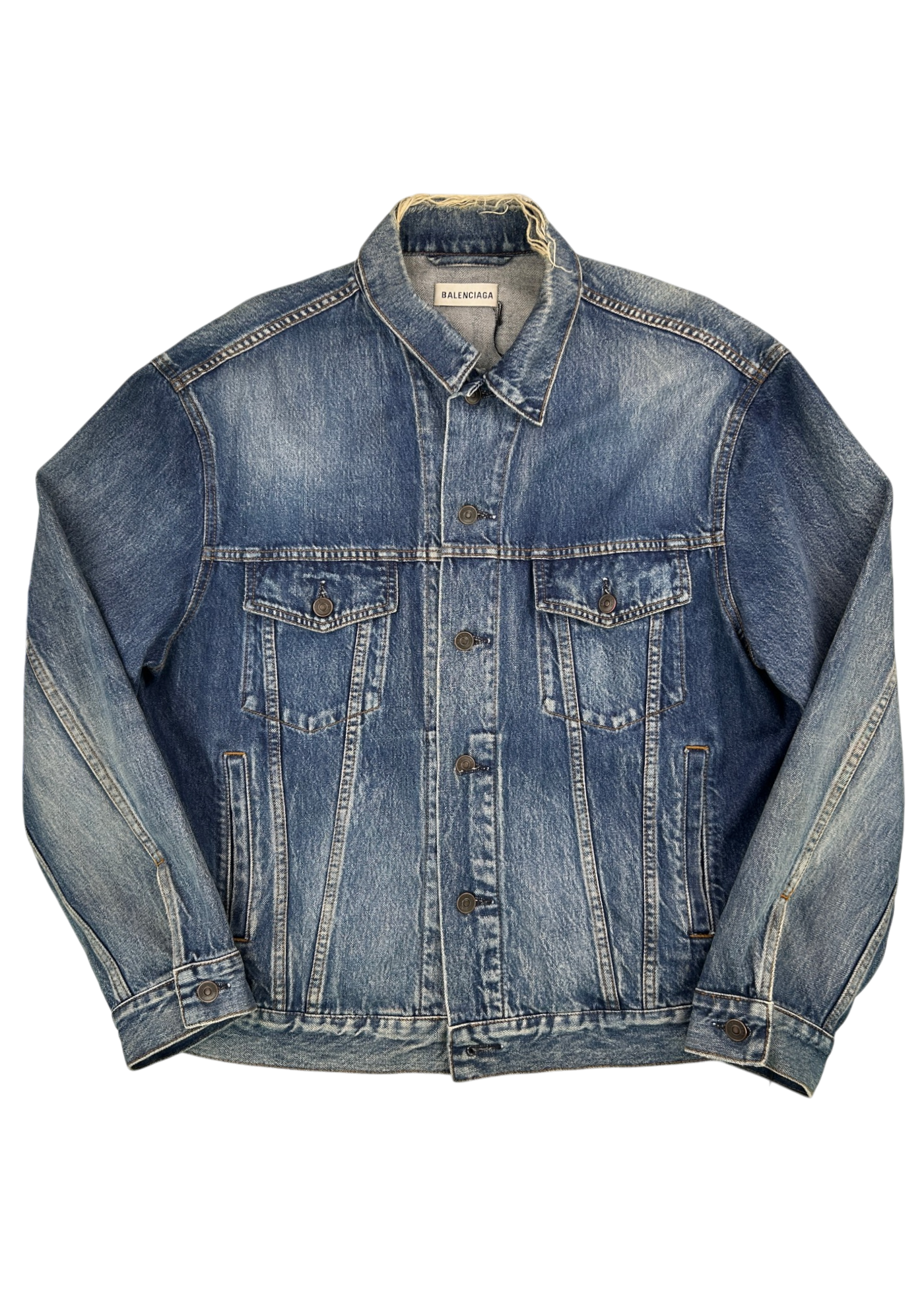 BALENCIAGA (NWT) 2017 Distressed Collar Logo Back Denim Trucker Jacket