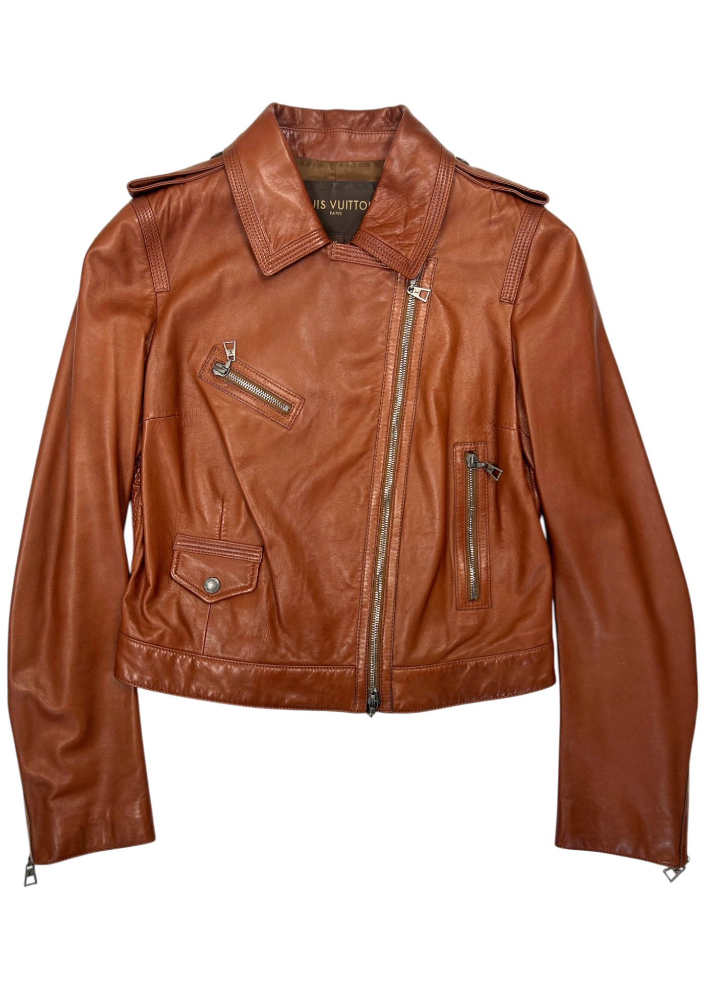 LOUIS VUITTON (AS IS) Cognac Brown Lambskin Leather Moto Jacket