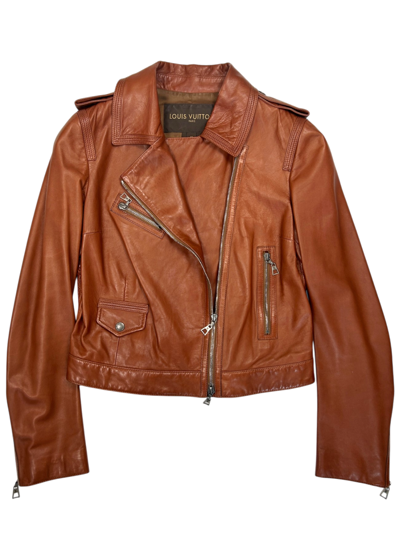 LOUIS VUITTON (AS IS) Cognac Brown Lambskin Leather Moto Jacket