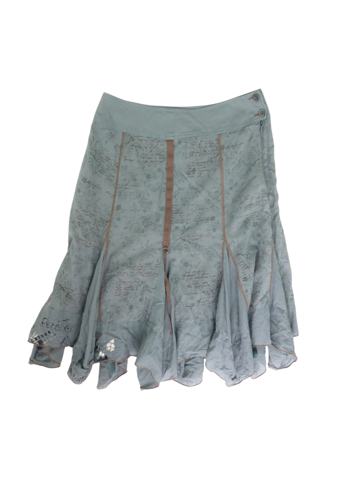 COP COPINE Slate Blue Floral/Text Print Asymmetric Overlocked Midi Skirt