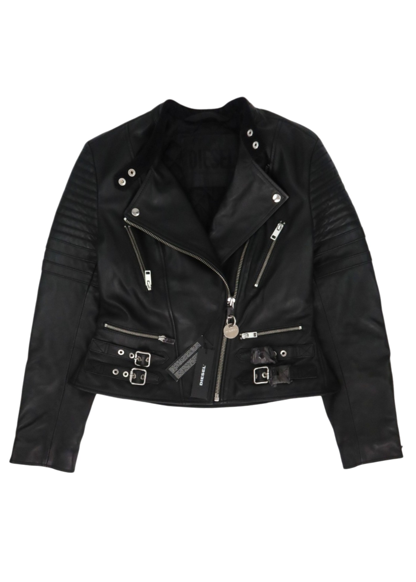 DIESEL (NWT) Black Leather Biker Buckle Zip Jacket