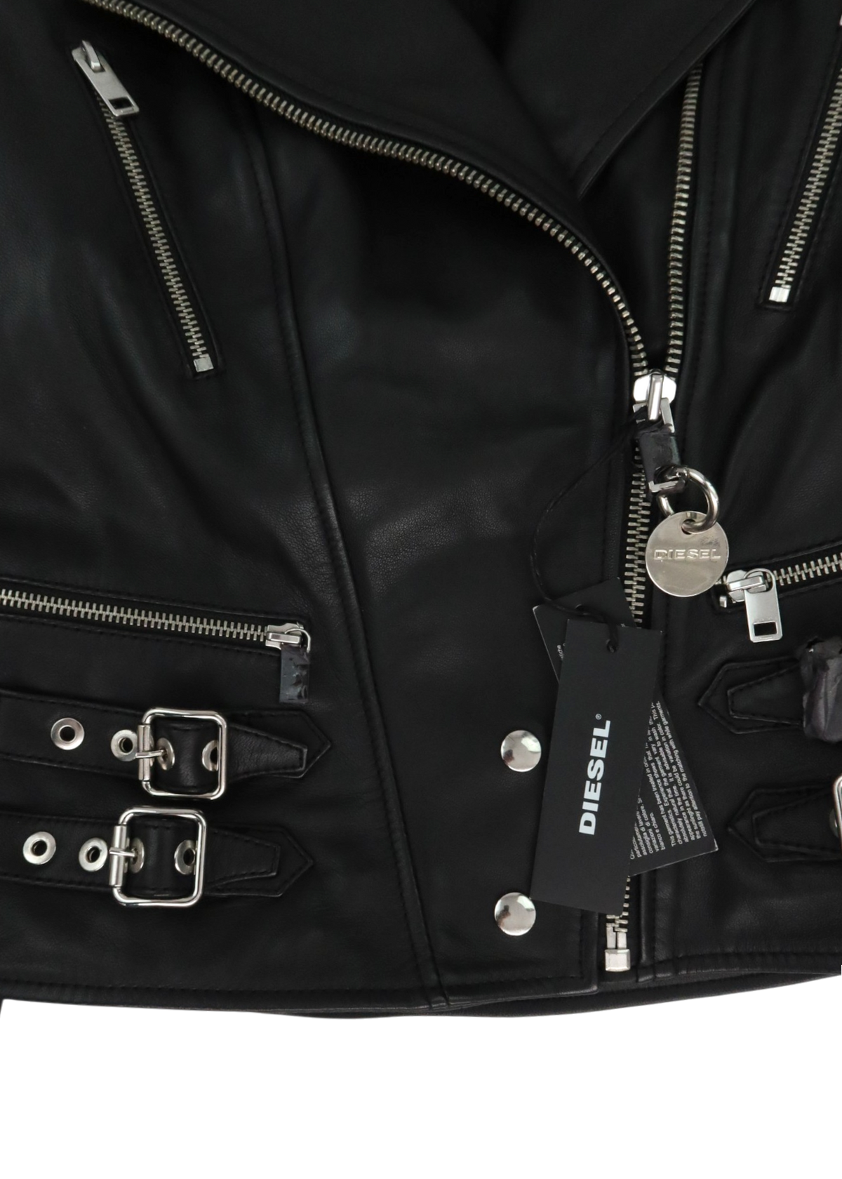 DIESEL (NWT) Black Leather Biker Buckle Zip Jacket