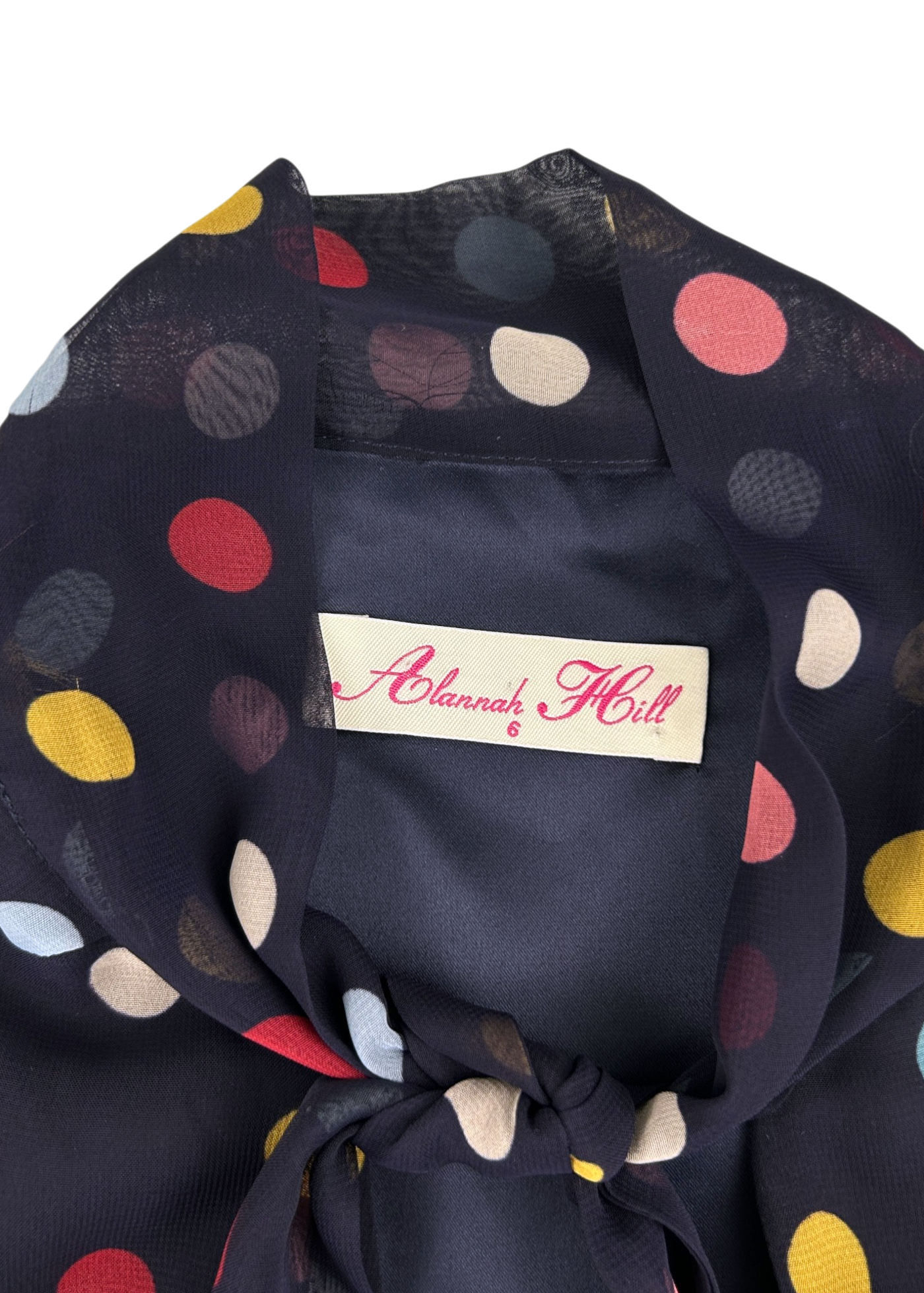 ALANNAH HILL Vintage Navy Polka Dot Tiered Hem Dress W Pussy Bow