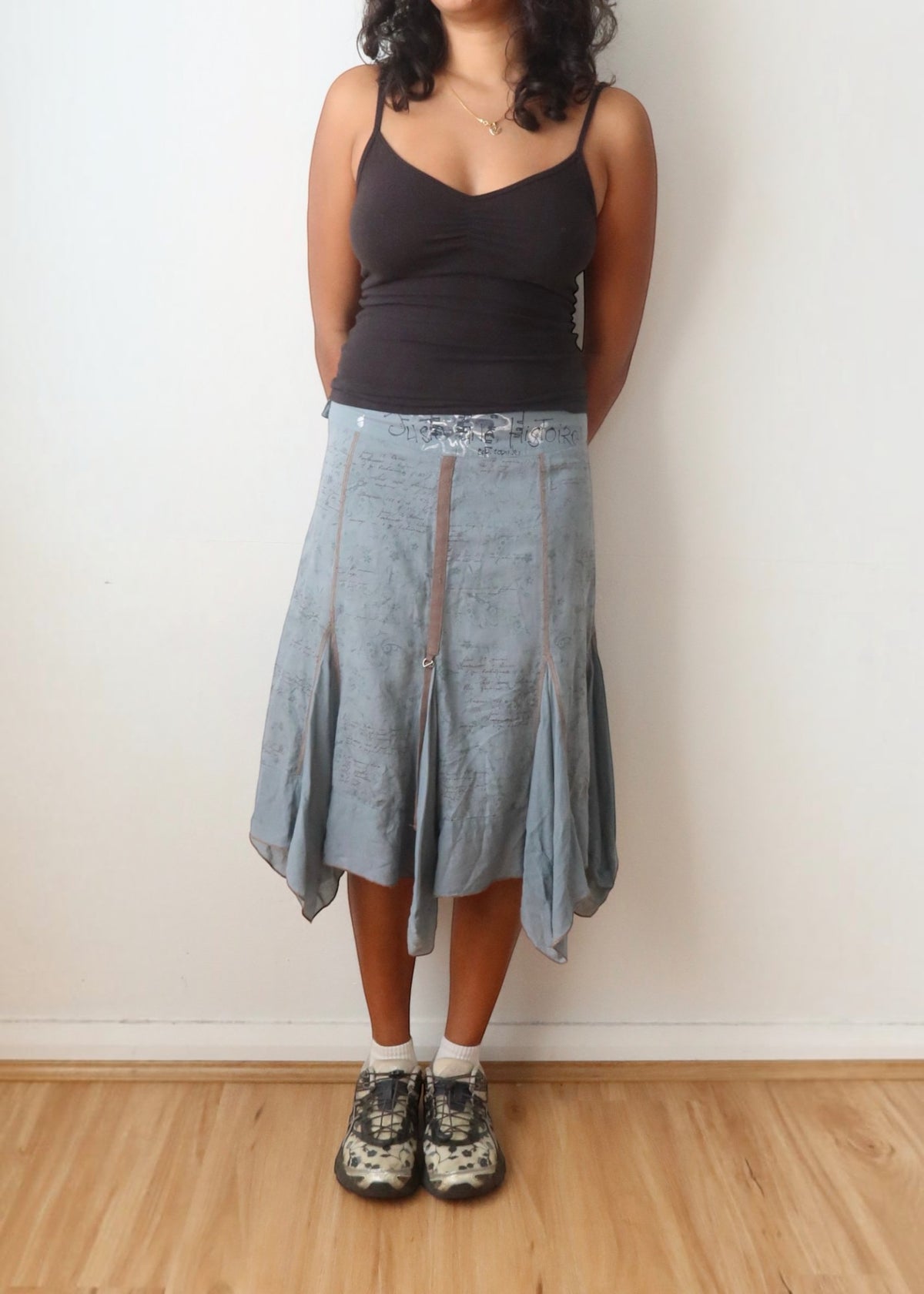 COP COPINE Slate Blue Floral/Text Print Asymmetric Overlocked Midi Skirt