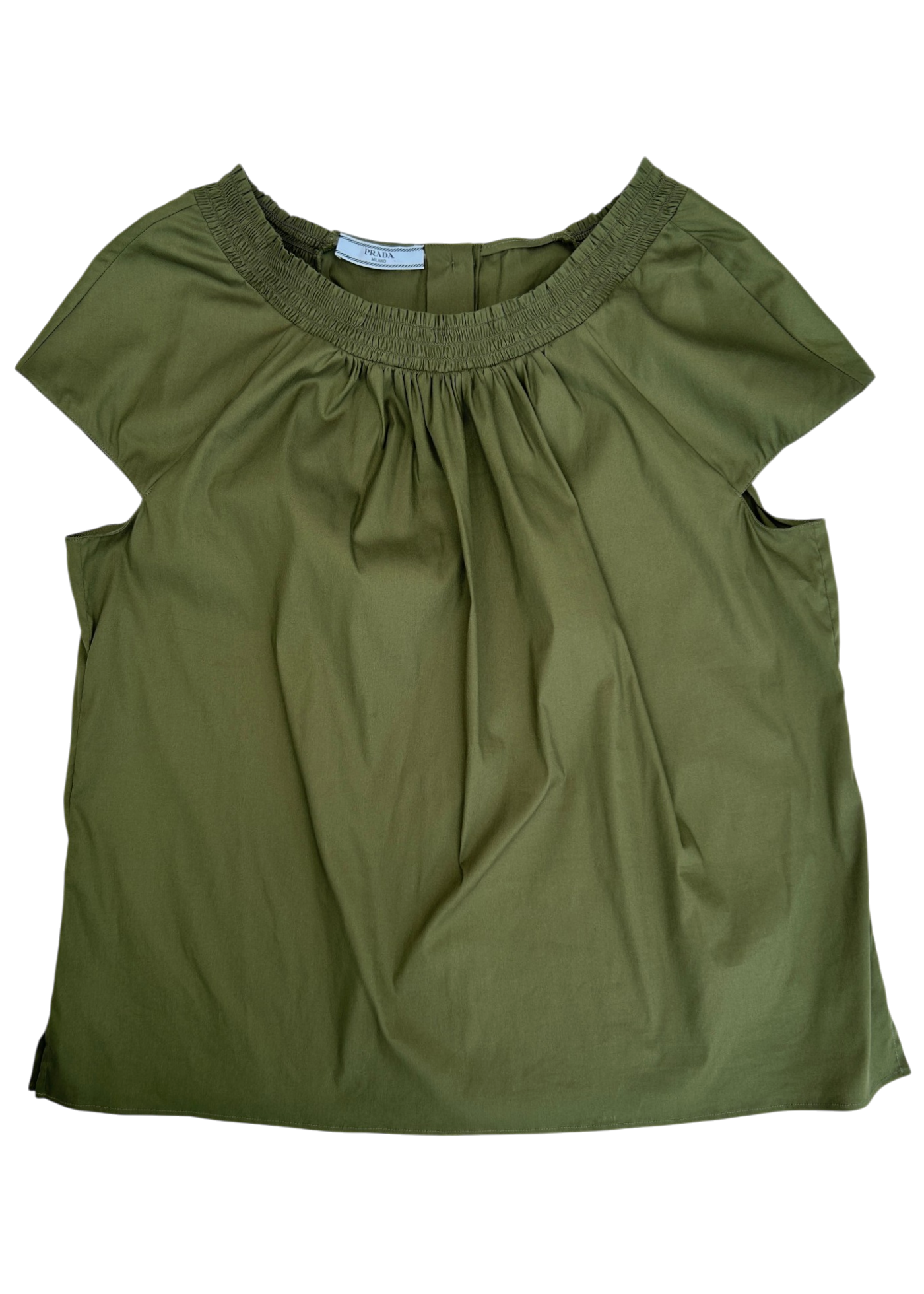 PRADA 2015 Green Cotton Smocked Neckline Top