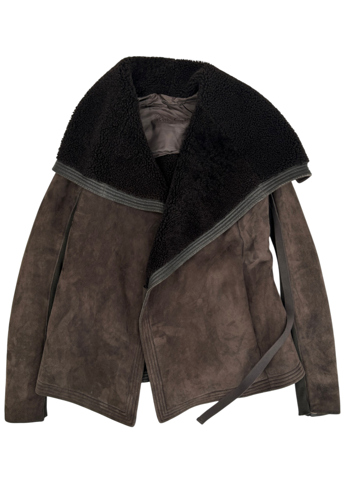 RICK OWENS Brown Suede Lamb Leather Shearling Wrap Jacket