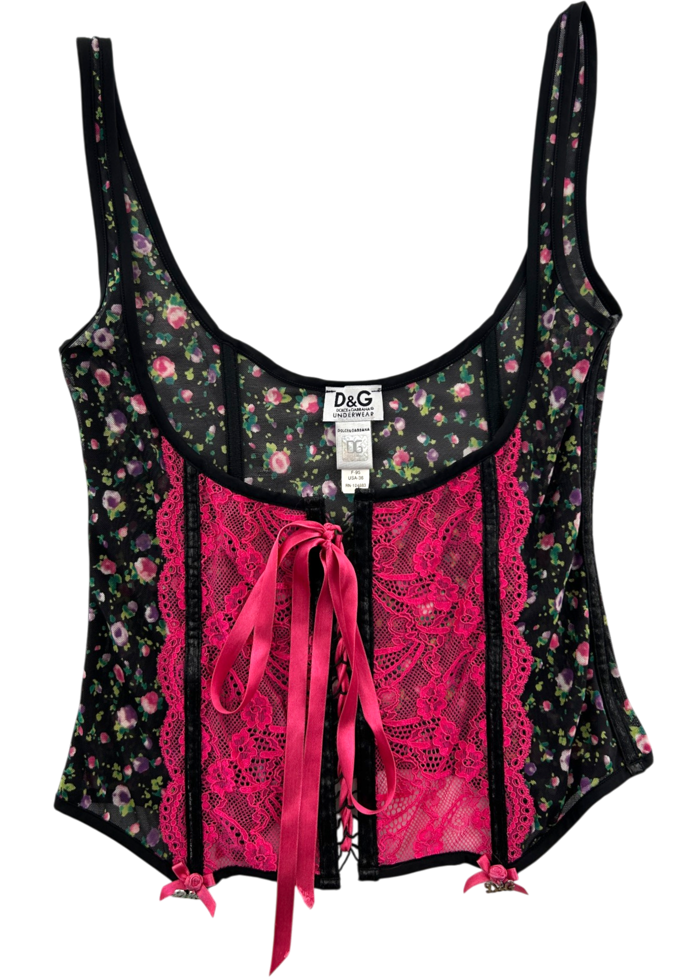DOLCE & GABBANA UNDERWEAR (AS IS) Black/Hot Pink Floral Mesh Corset