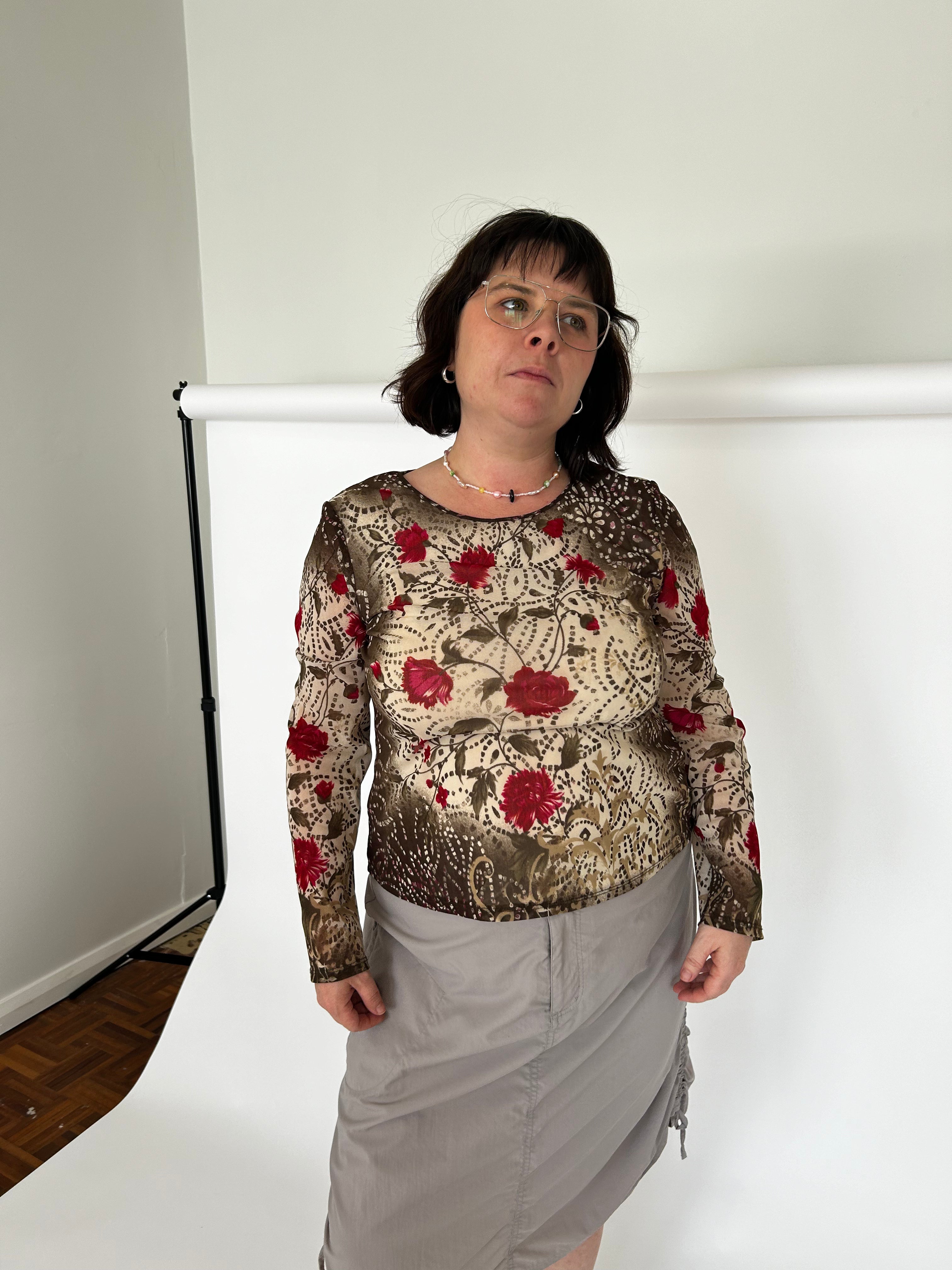 KAMIKO Vintage Floral Mesh Long Sleeve Top