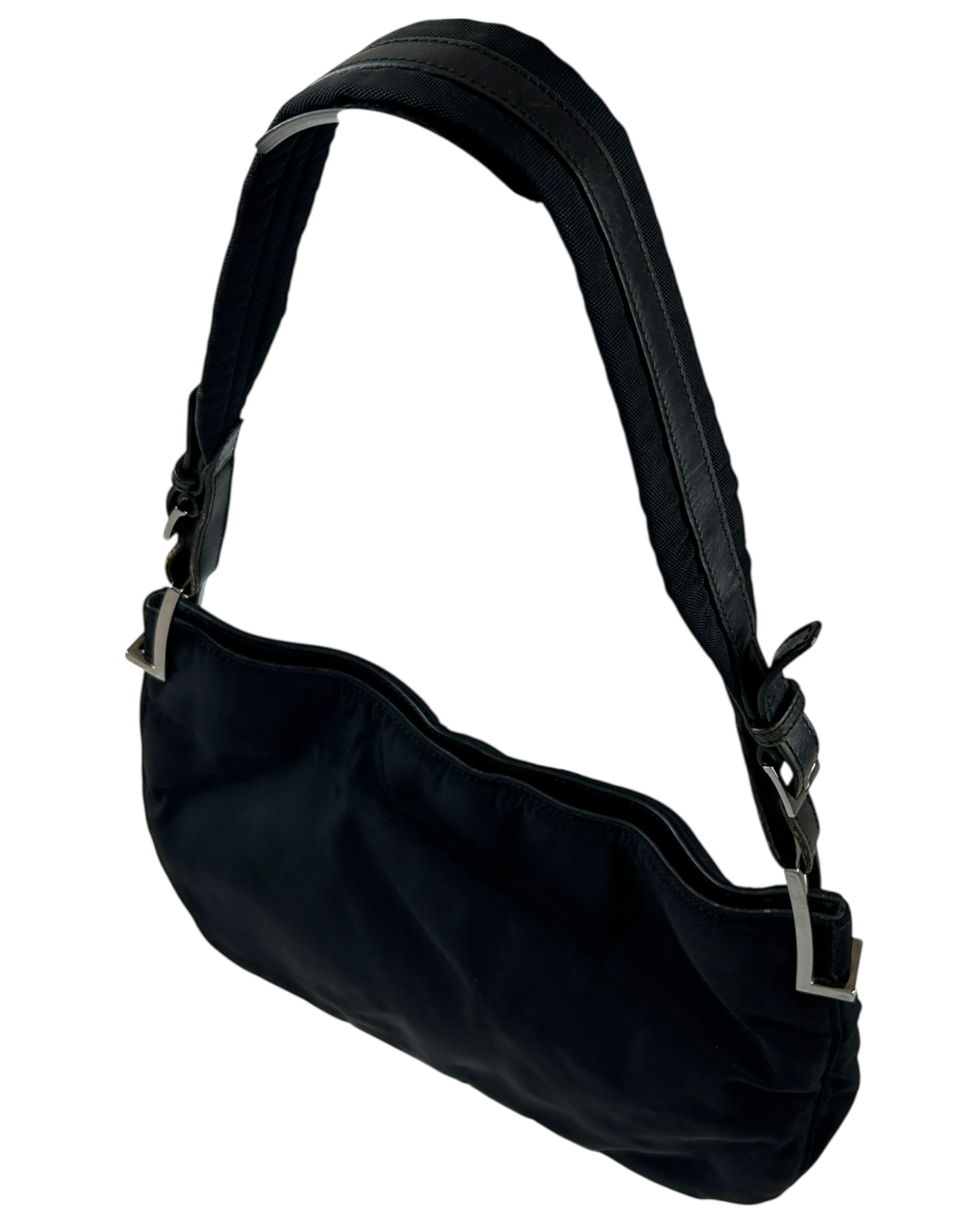 GUCCI VINTAGE (AS IS) 90s Black Nylon Shoulder Bag W/ Chrome Hardware